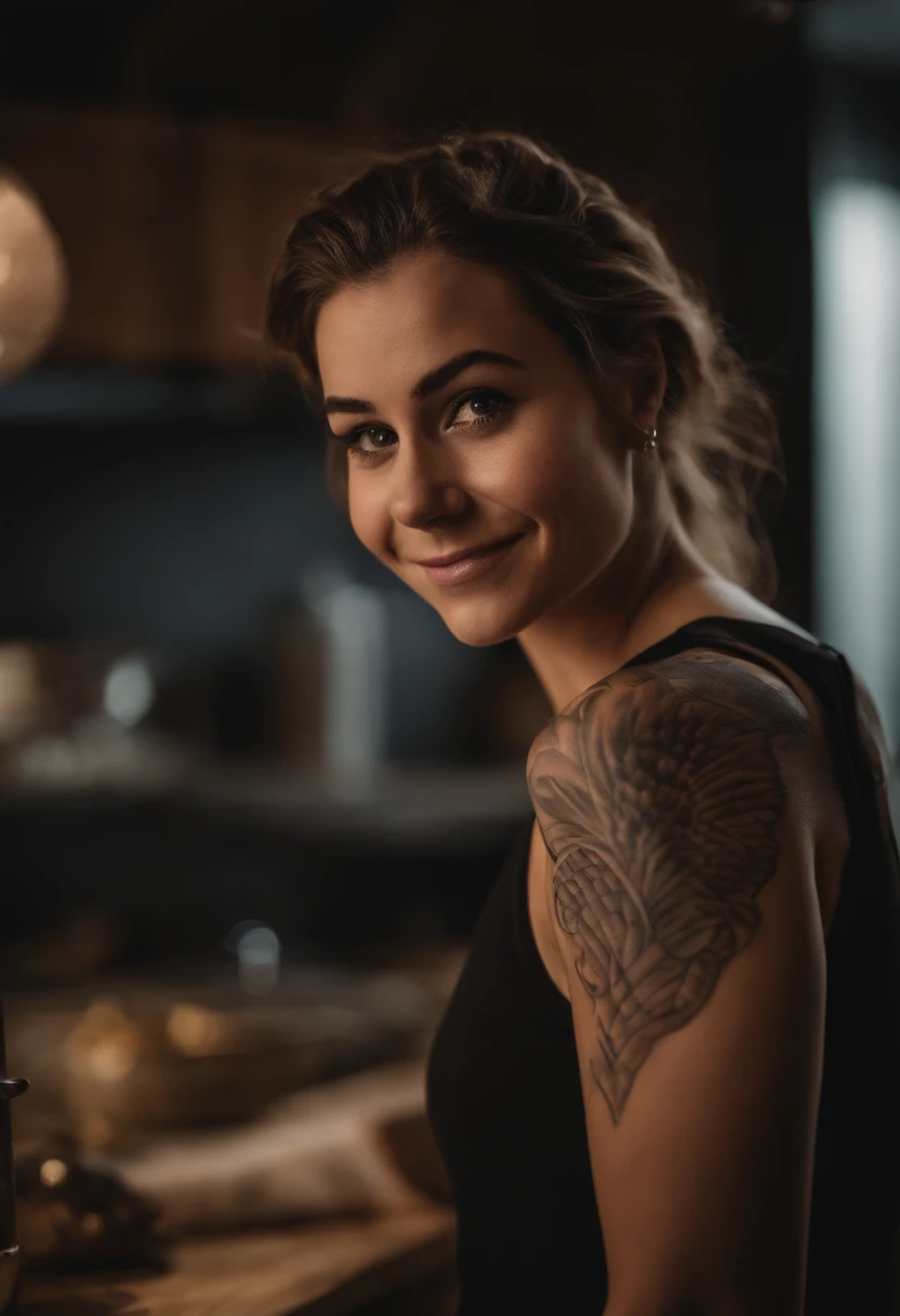 1girl, upper body, close-up, looking at viewer, smile, standing, depth of field, tattoo, kitchen,
