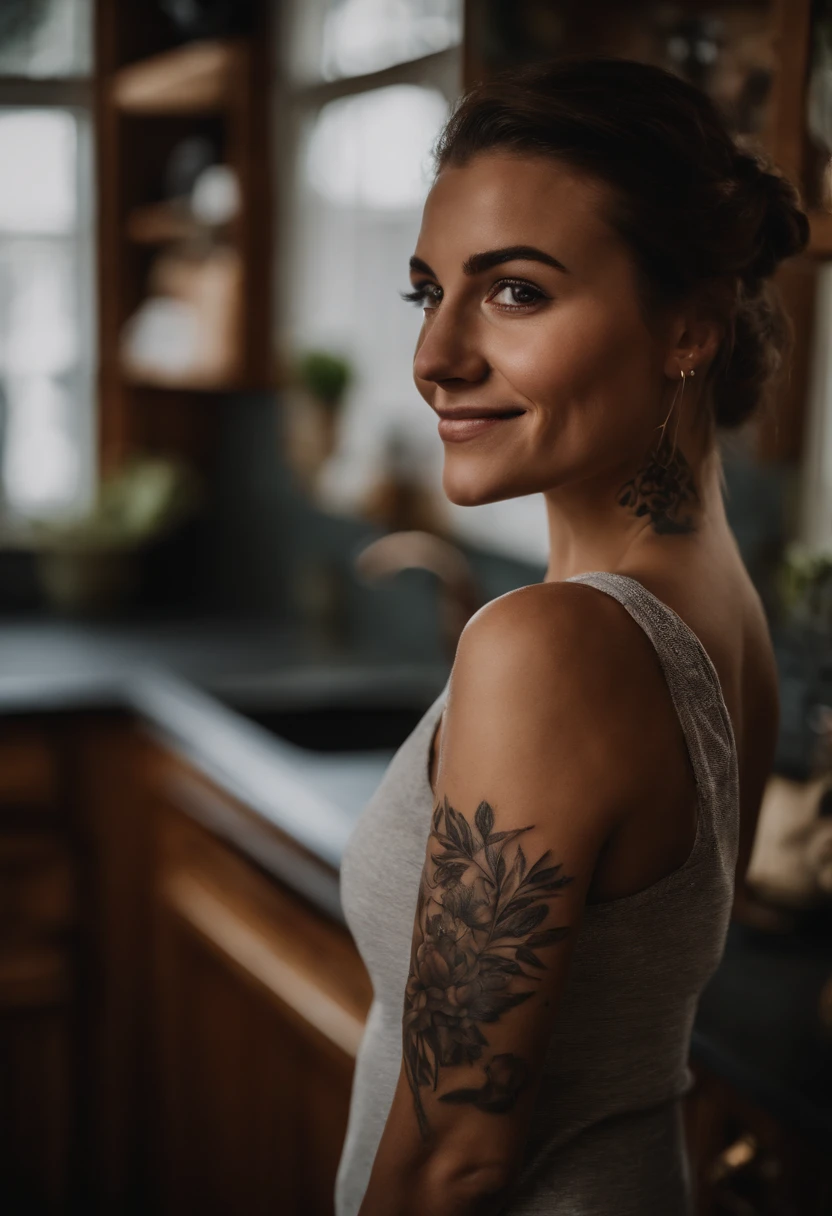 1girl, upper body, close-up, looking at viewer, smile, standing, depth of field, tattoo, kitchen,