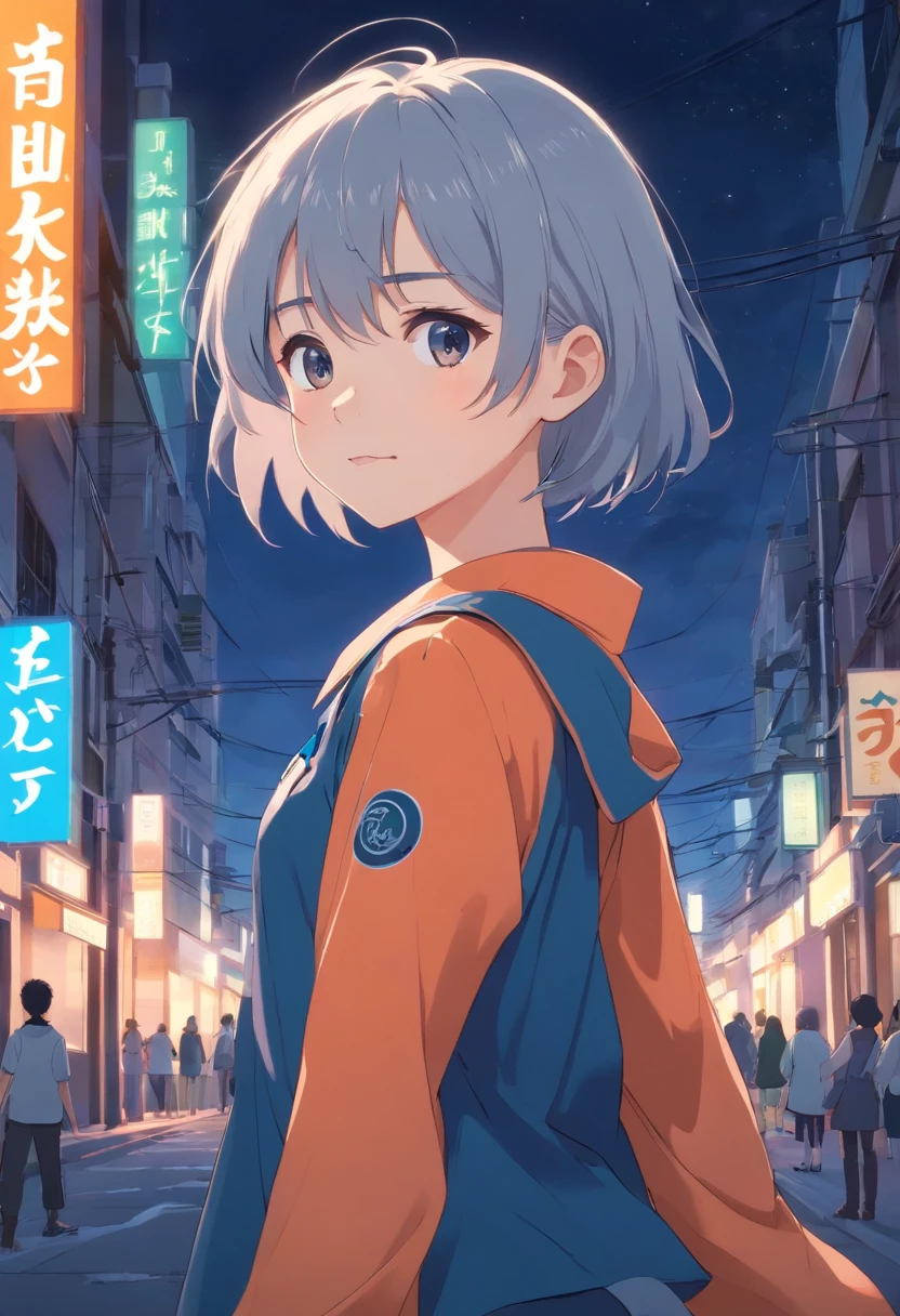 Short，the night，full moon，12-year-old silver-haired girl，Student uniforms，A slight smil，Look at the lens