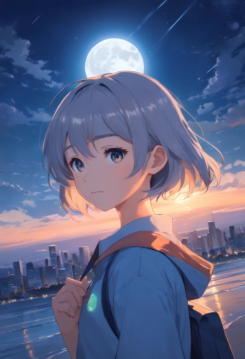 Short,the night,full moon,12-year-old silver-haired girl,Student uniforms,A slight smil,Look at the lens