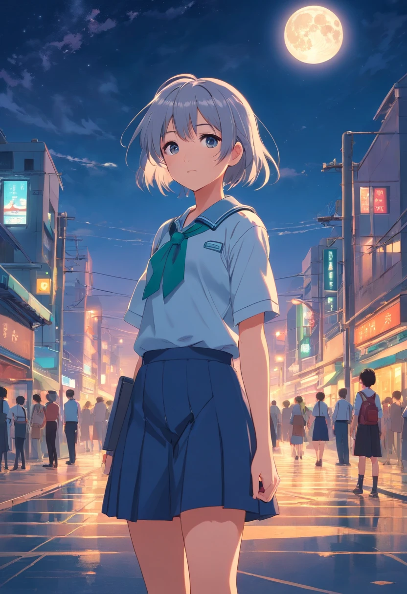 Short，the night，full moon，12-year-old silver-haired girl，Student uniforms，A slight smil，Look at the lens