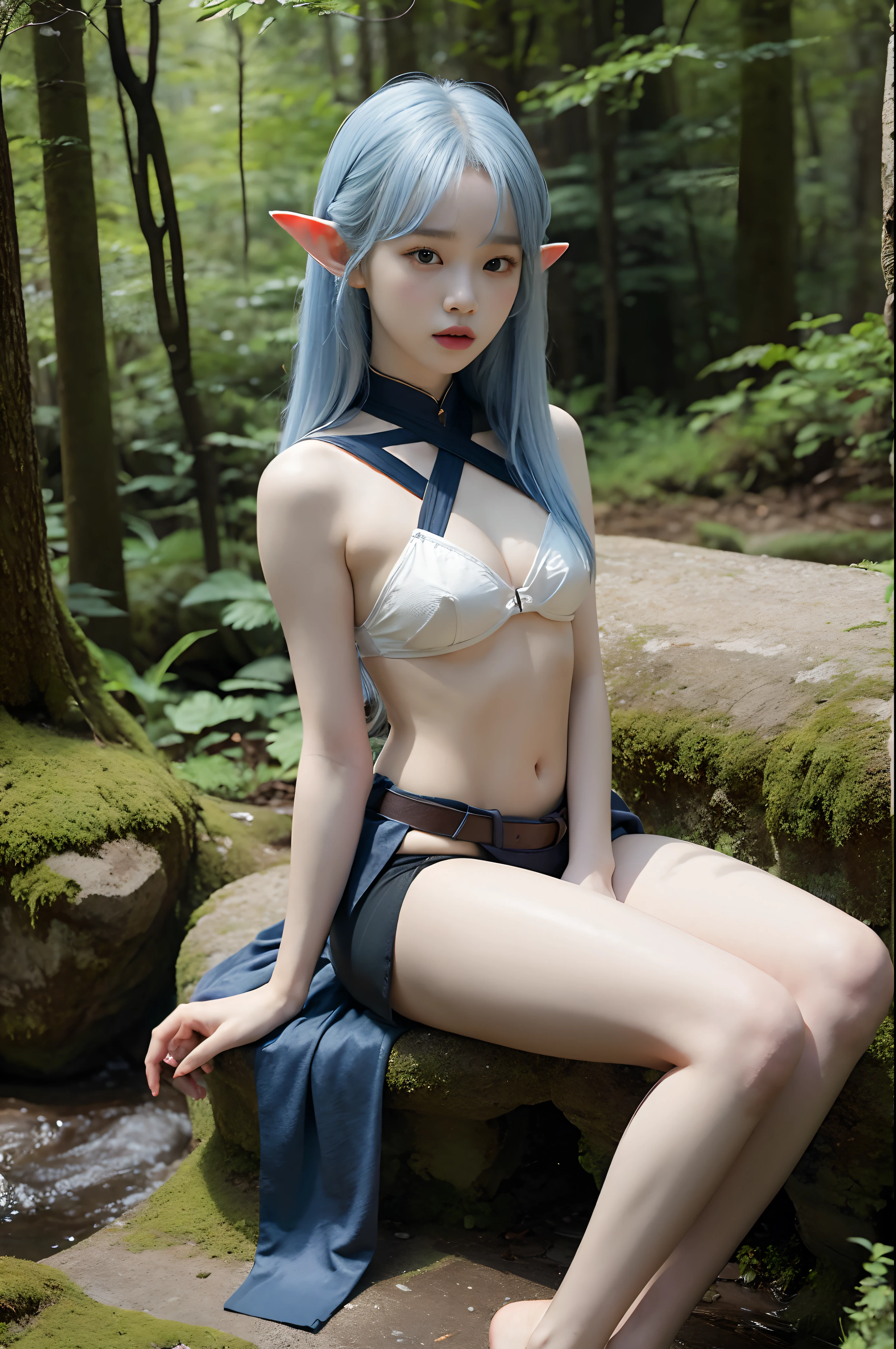 full body portrait of a young elf girl, kim chaewon as a sexy elf, kim chaewon is a petite young girl, masterpiece, best quality, 1girl, forest background, kim chaewon, petite girl, small breast, petite figure, light blue hair, face front, black female leather armor, emotional face, (full body portrait), make up, studio light, studio