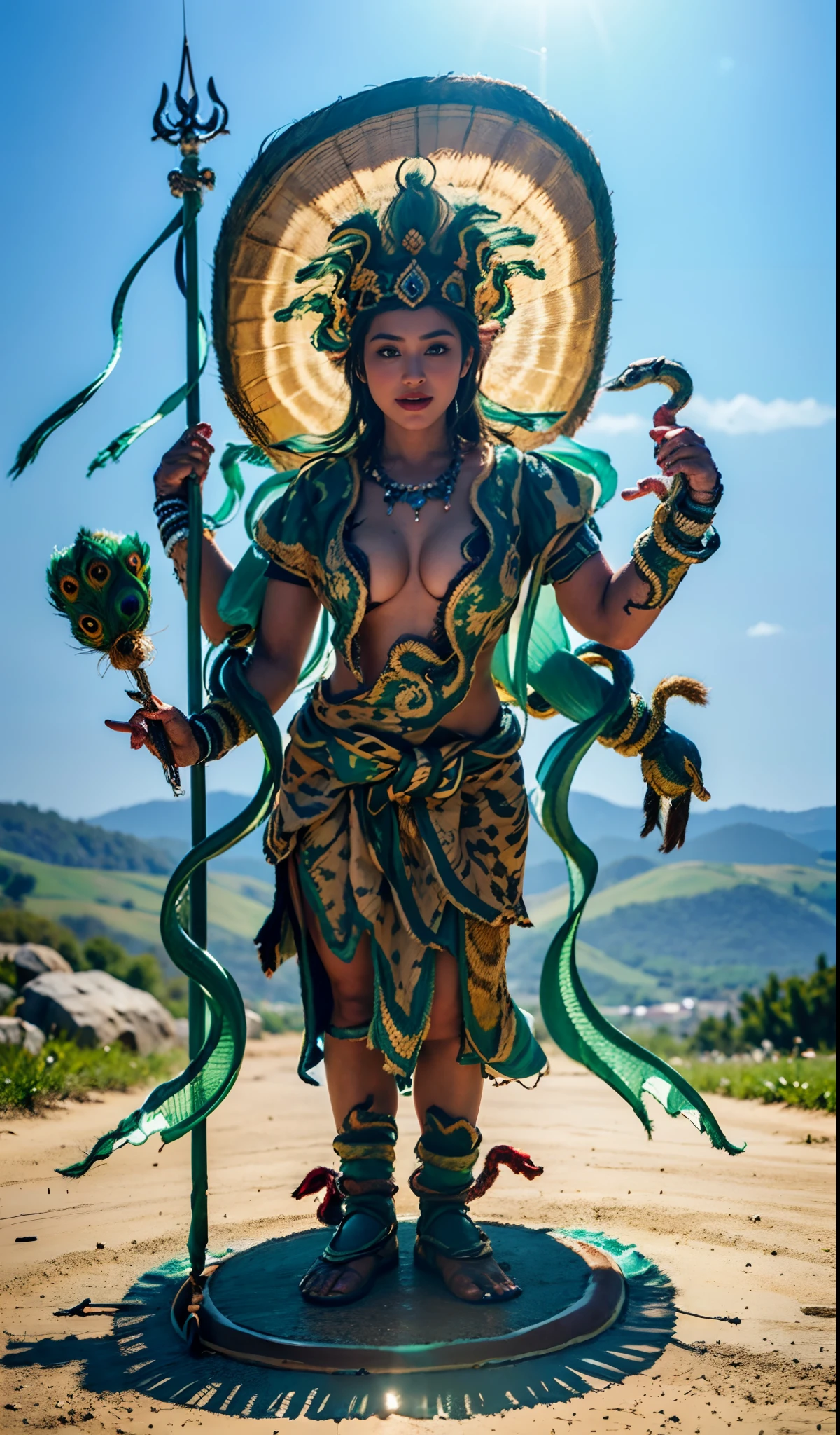 Grass background,offcial art, (Extremely detailed Cg Unity 8K wallpaper), 1girll,chiquita,kiddy big breasts, child,flatchest,Head background with round light,(Human smugglers),(The union of man and snake),Solo, Ancient tiger skin skirt, complex pattern, tiger skin skirt, Snake decoration, Peacock fan in hand, arma, shaded_face, contempt, Pretty big breasts, (Photorealistic:1.4), (Masterpiece), (Best quality:1.2),Light and shadow tracking,Super HD