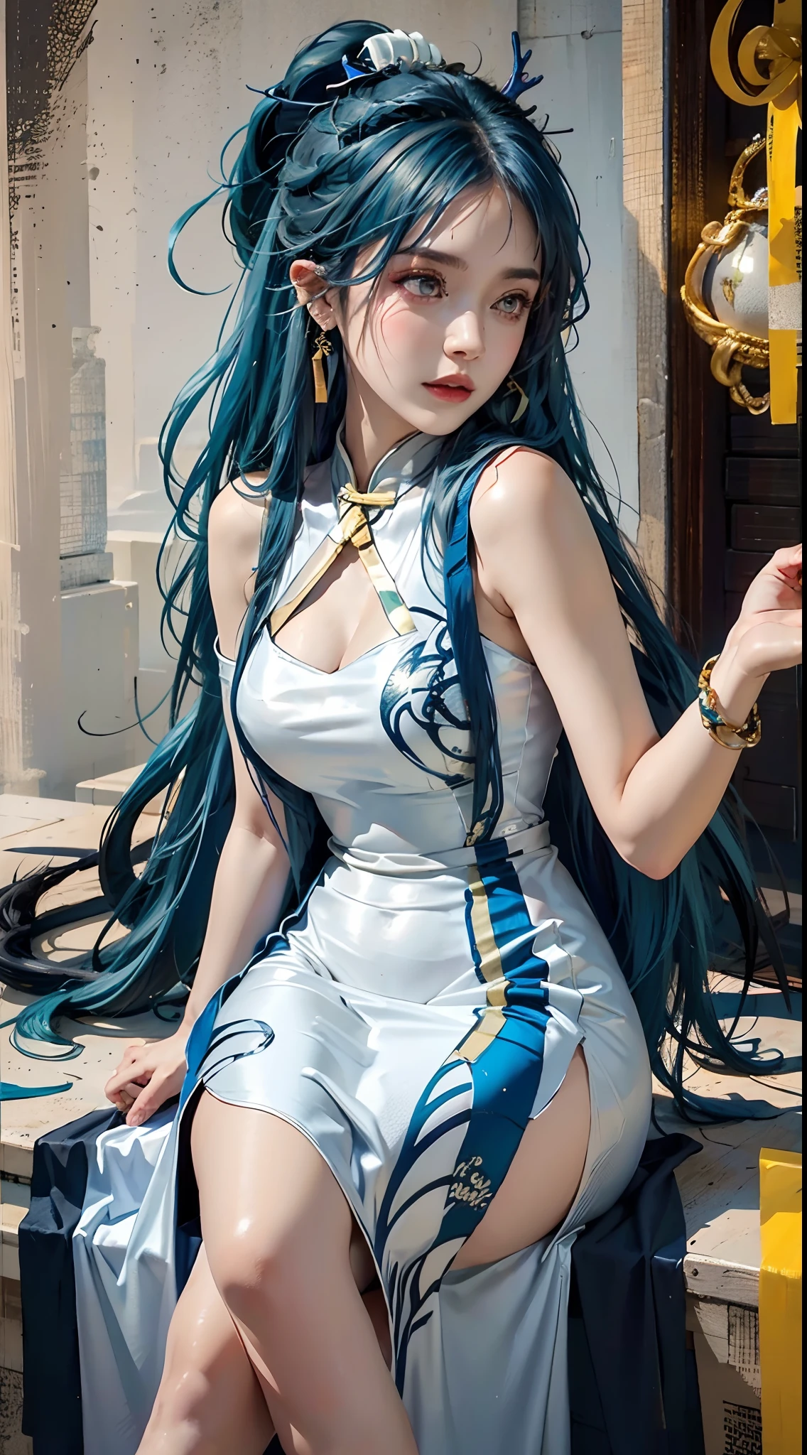 photorealistic, high resolution, 1women, mature female, solo, hips up, china dress, tail, white dress, jewelry, chinese clothes, sleeveless dress, sleeveless, bare shoulders, large breasts, earrings, official alternate costume, thighs, bangs, bracelet, very long hair, colored skin, bead bracelet, beads, crossed legs, signature, arm support, ponytail, tassel earrings, blue hair, braided hair