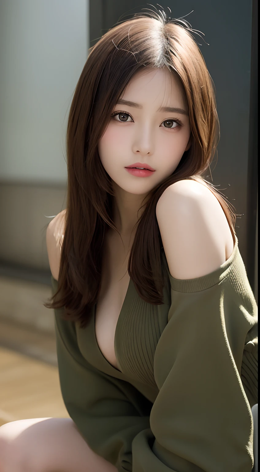 finely detail, hight resolution, hightquality、Perfect dynamic composition, Beautiful detailed eyes, Medium Hair, small tits、Natural Color Lip,Kamimei、Shibuya、20 years girl、1 persons、Transparent skin、Glowing hair、masutepiece, Best Quality, Illustration, Ultra-detailed, finely detail, hight resolution, 8K、The correct state of the human body、crouching down、Gravure Model Pose,Soaring Hair