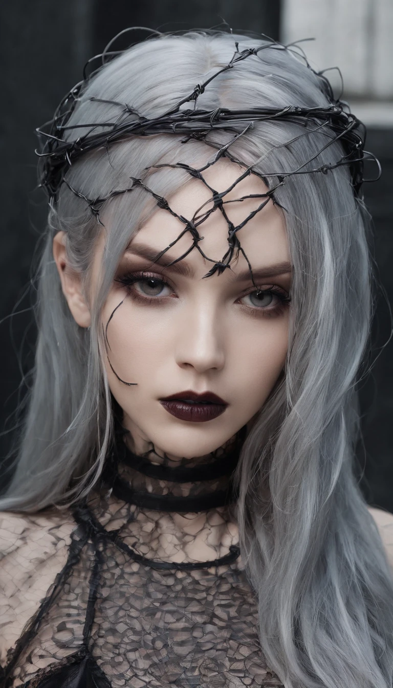 Girl with gothic net symbolic clothes, 。.com (Barbed wire of the body) brunette color hair,Gray hair ends