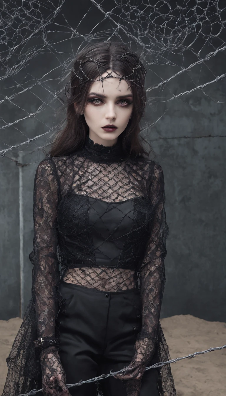Girl with gothic net symbolic clothes, 。.com (Barbed wire of the body) brunette color hair,Gray hair ends