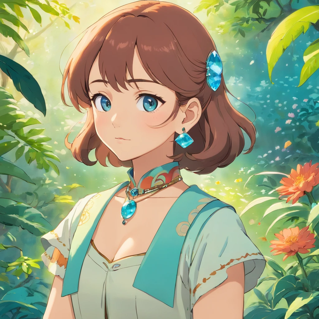 A girl wearing an anime collar, A long necklace and earrings, inthe style of tranquil gardenscapes, colorful animation stills, Masami Teraoka, aquamarine, Paul Gauguin, Amber style, Honest portrayal