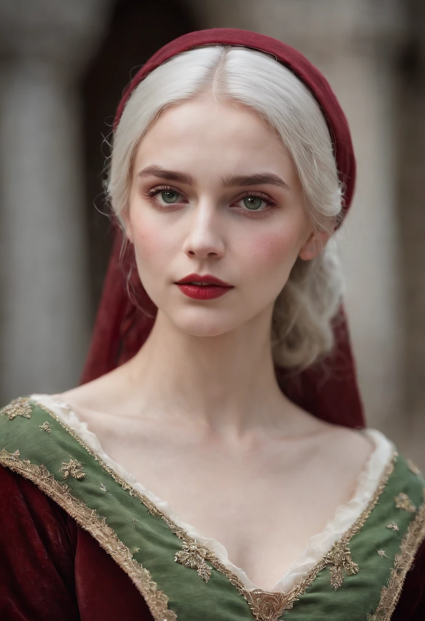 (((a deep reddish wound crosses her left cheek))) fair complexion, woman around 19 years old, natural white hair, distinctive green eyes, wearing kohl, slender and graceful, beautiful, candlelight in a medieval setting, ultra sharp focus, realistic shot, medieval female clothes, tetradic colors (scar:1.4)