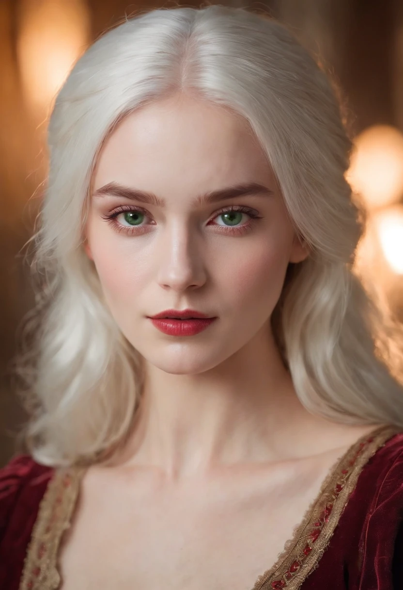 (((a deep reddish wound crosses her left cheek))) fair complexion, woman around 19 years old, natural white hair, distinctive green eyes, wearing kohl, slender and graceful, beautiful, candlelight in a medieval setting, ultra sharp focus, realistic shot, medieval female clothes, tetradic colors (scar:1.4)