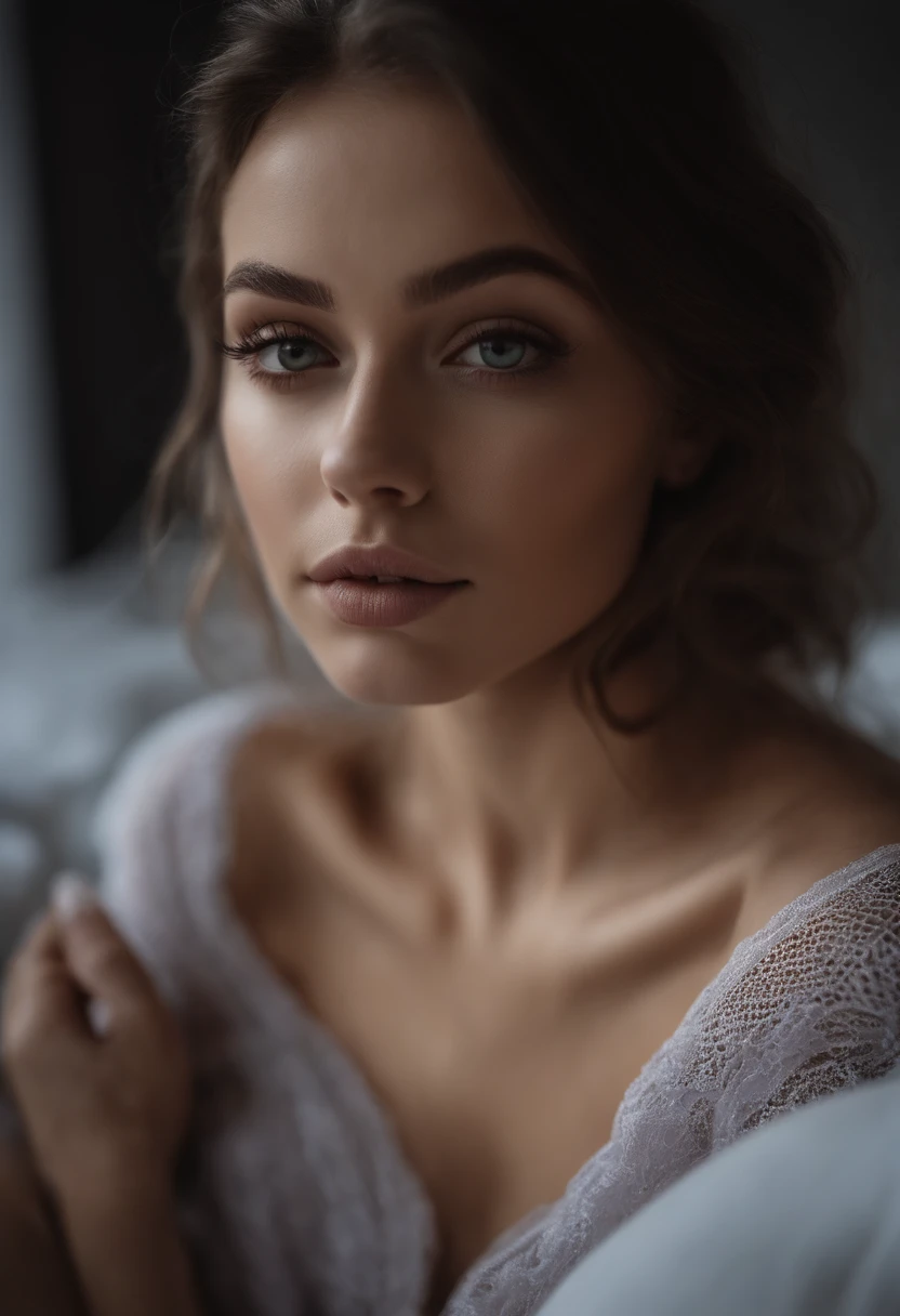 Arafed woman with exposed breasts, fille sexy aux yeux bruns, Portrait Sophie Mudd, cheveux bruns et grands yeux, selfie of a young woman, Yeux de chambre, Violet Myers, sans maquillage, maquillage naturel, looking straight at camera, Visage avec Artgram, Maquillage subtil, Superbe photo du corps entier, dans la chambre, topless