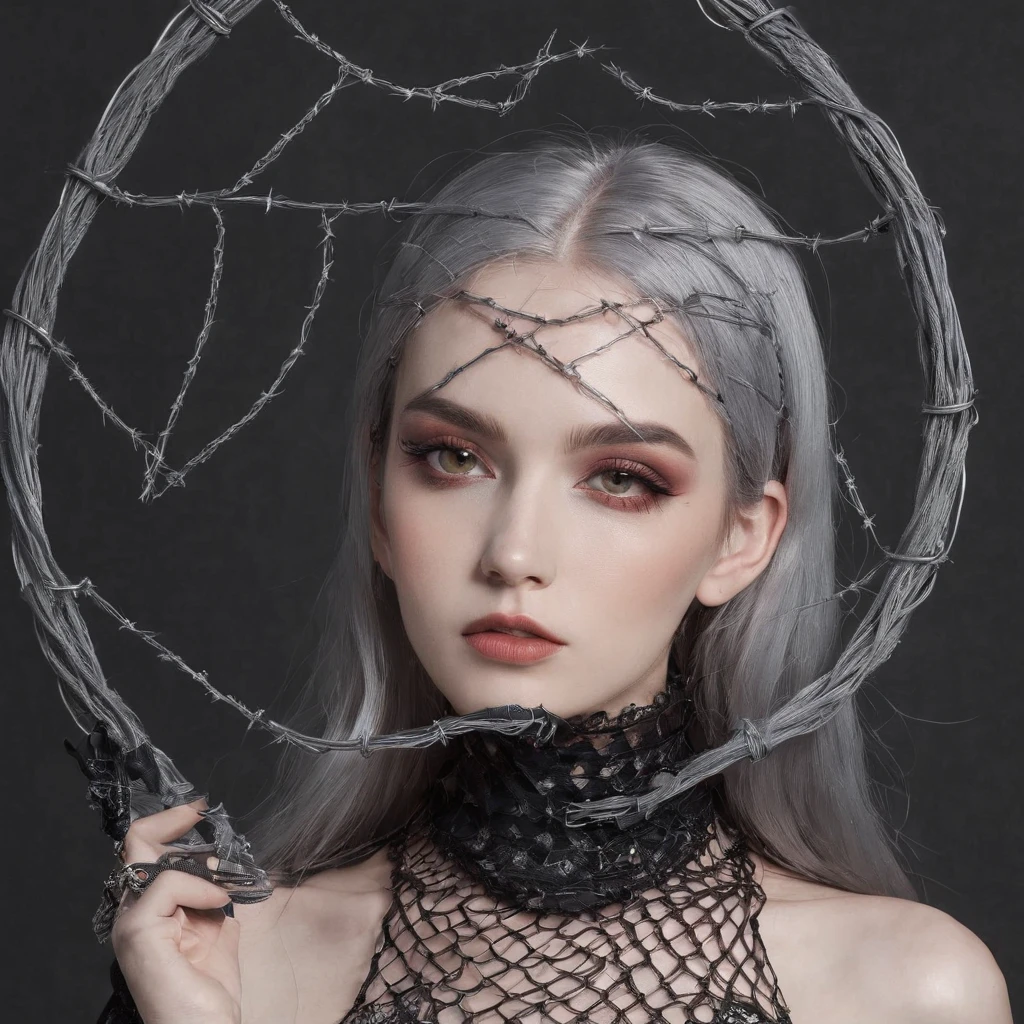 Girl with gothic net symbolic clothes, 。.com (Barbed wire of the body) brunette color hair，Gray hair ends