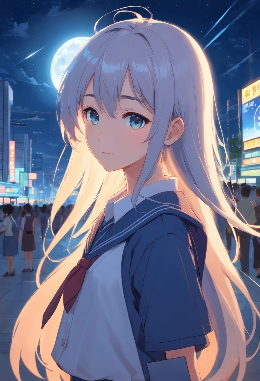 Long hair，the night，full moon， silver-haired girl，Student uniforms，A slight smil，Look at the lens