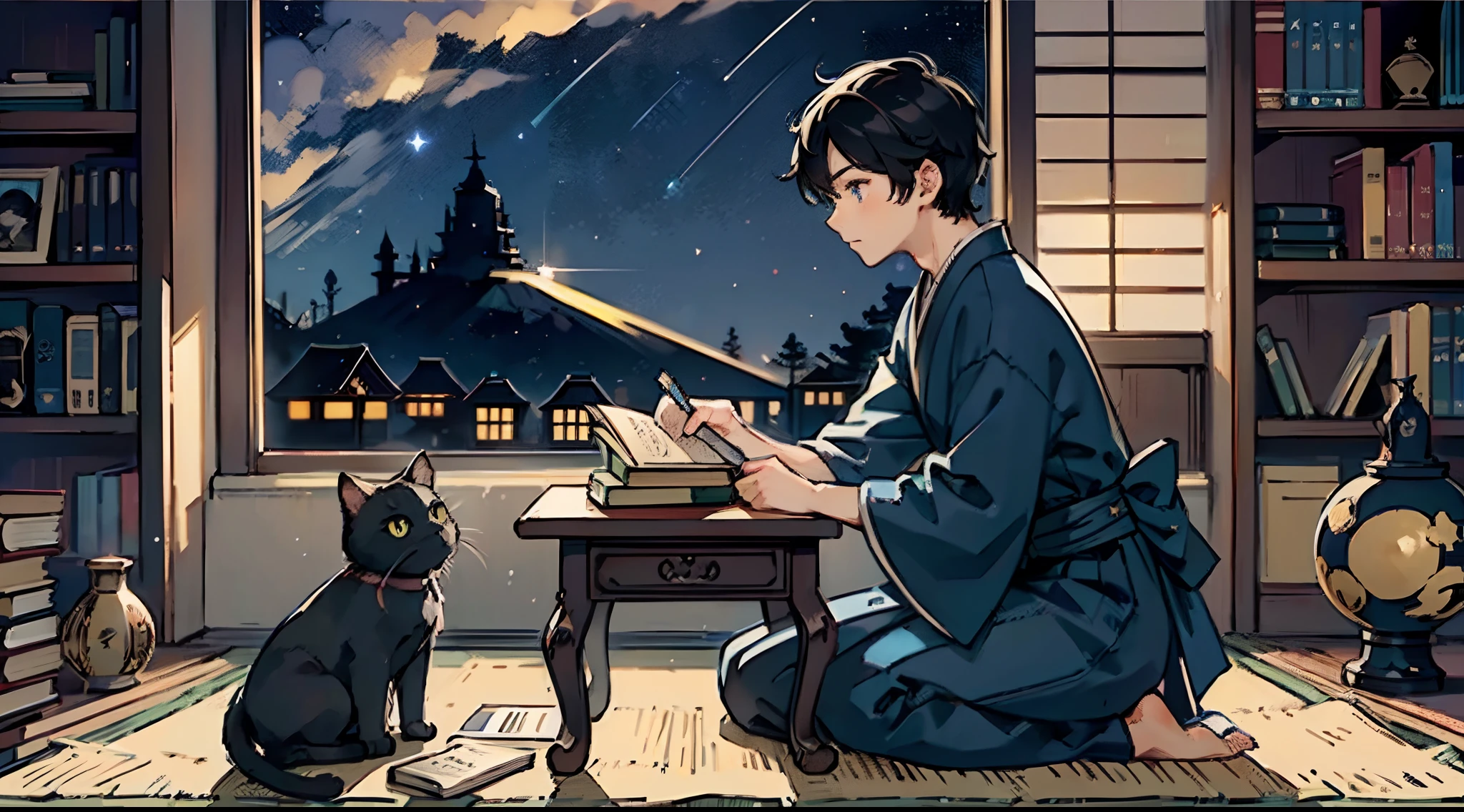 #Quality (intricate-detail、ultra-detailliert:1.2,cinematic shot),
#night landscape (navy blue night sky,star),
#one writing boy ( male、writer,Honor Students、A dark-haired、short-hair、hakama,sit flat),
#dark room (only one candle,books on desk,pretty tatami,a lot of books,bookshelf,black cat)