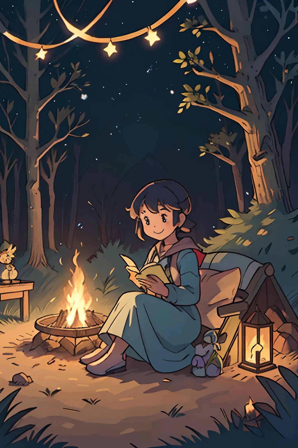 A starry night in a Pokémon world. A young Pokémon trainer is sitting near a cozy campfire in the forest. She is surrounded by her faithful Pokémon, who are lying beside her. She's reading an old book, and the pages, illuminated by the fire, display a map of a mysterious location in the Pokémon world, The young trainer has a smile on her face, and her Pokémon look relaxed and content by her side. The campfire's light casts dancing shadows on the nearby trees, and the stars shine brightly in the night sky. There's a sense of calm and magic in the air as the trainer gets lost in the stories of the Pokémon world.