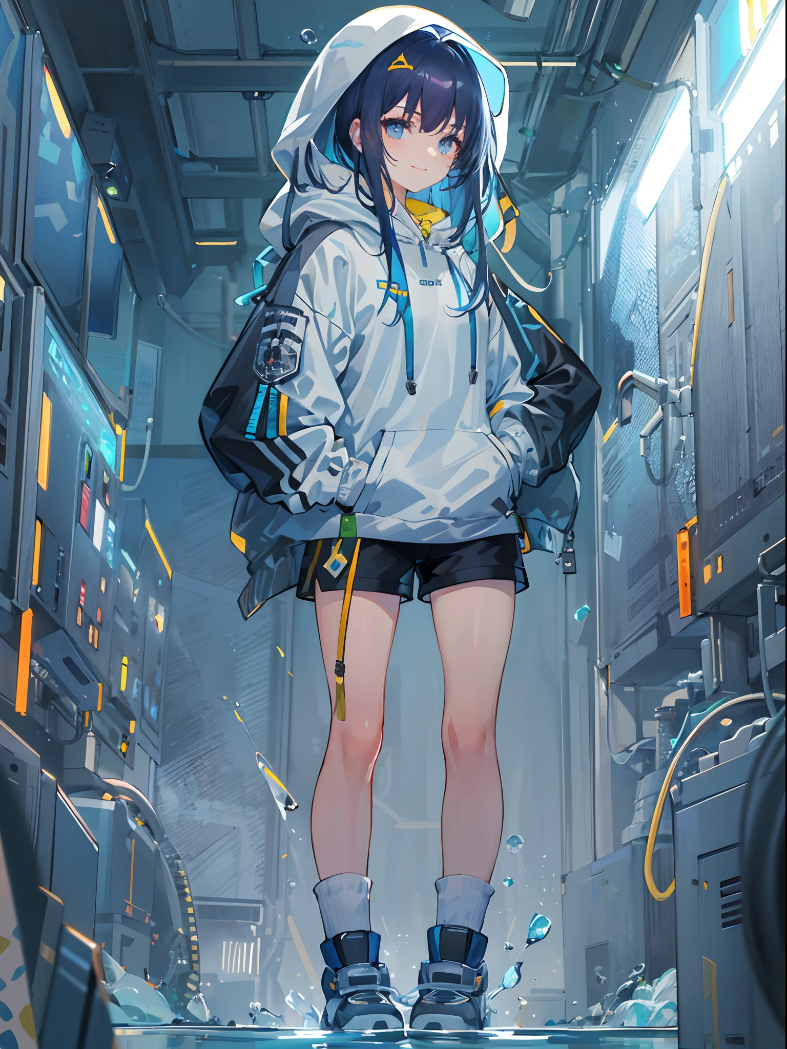 ((top quality)), ((masterpiece)), ((super detail)), (very delicate and beautiful), girl, solo, cold demeanor, ((black jacket)), she looks very (relaxed) and (calm), black hair, depth of field, evil smile, stirrups, underwater, air bubble, light blue eyes, light blue hair and dark blue tips inner color with, cold background, bobbed hair - linear art, shorts, knee high socks, oversized white hoodie, light blue ribbon tie, clothing transparent, hands in pockets, white hoodie