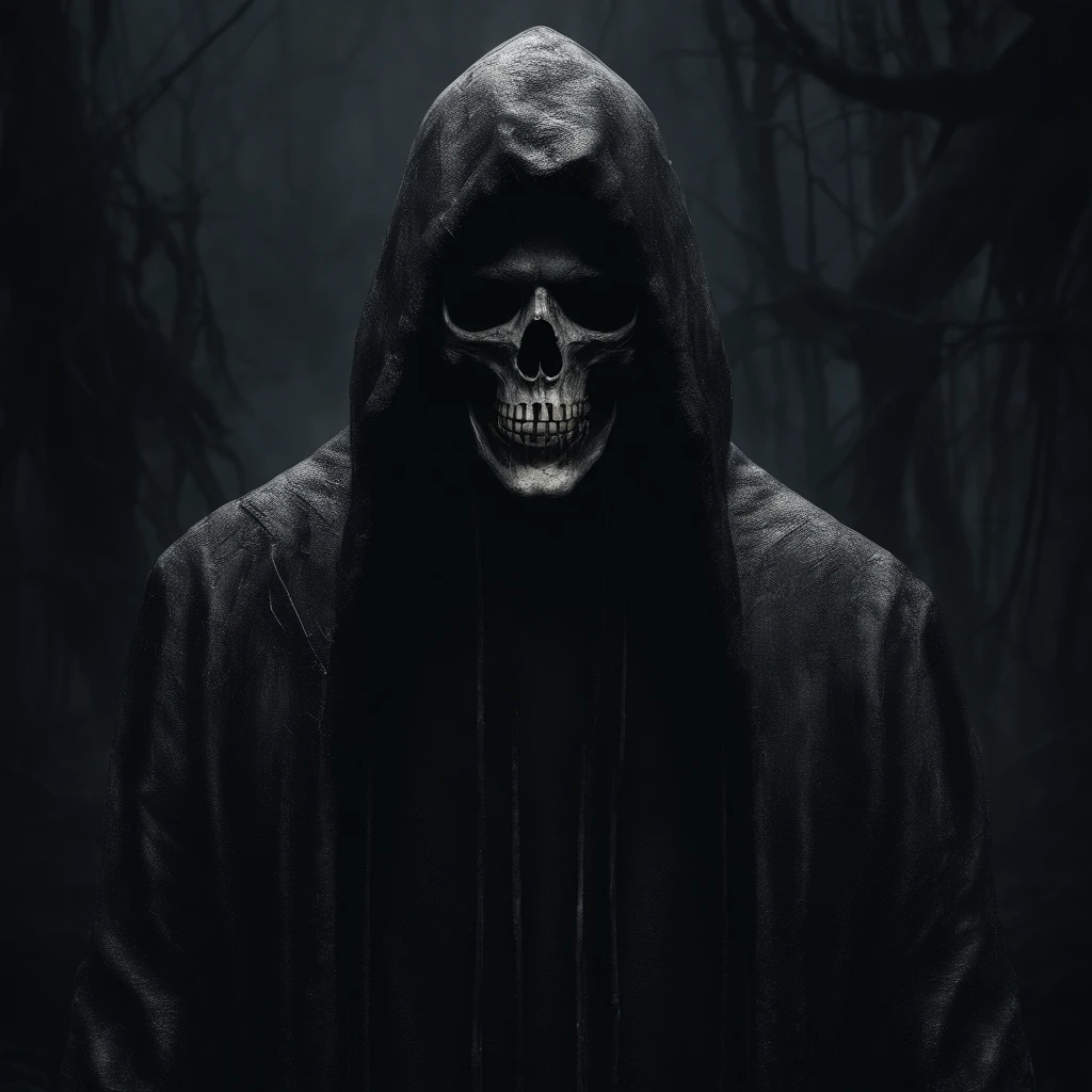 Creates a frighteningly detailed and realistic depiction of the hooded figure of death. This scene is、There is a skull on the face、It is expected to feature a black silhouette with skeletal hands holding a menacing sickle. This ominous figure is、It must have a hazy night illuminated by the cold light of the moon as its background. The image should exude an ominous and chilling atmosphere. Use Octane rendering to capture realistic textures and lighting. The resolution should be an impressive 8K, Ensure exceptional clarity and accuracy in portraying the sinister side of death.