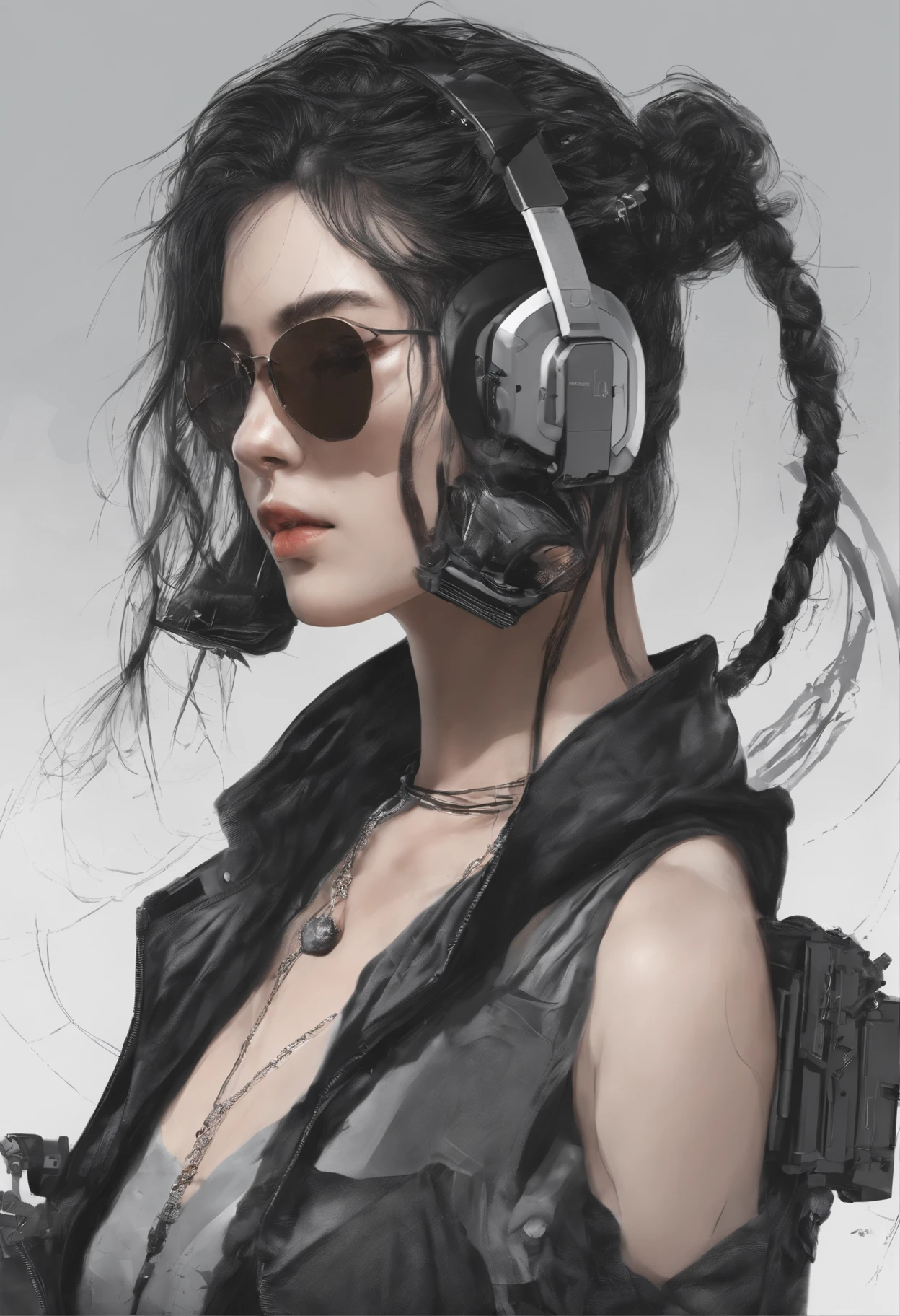 (Magazine covers:1.3)、ulzzang-6500、(realisitic:1.3)(Original:1.2)、masterpiece、top-quality、Beautiful clean face、full body Esbian、1womanl、(Wearing headphones with complex electronics)、Wearing a black techwear jacket and orange trousers with buckle and tape、(crystal necklace)、pose for photo、(White braided bun hair)、((Upper body naked))