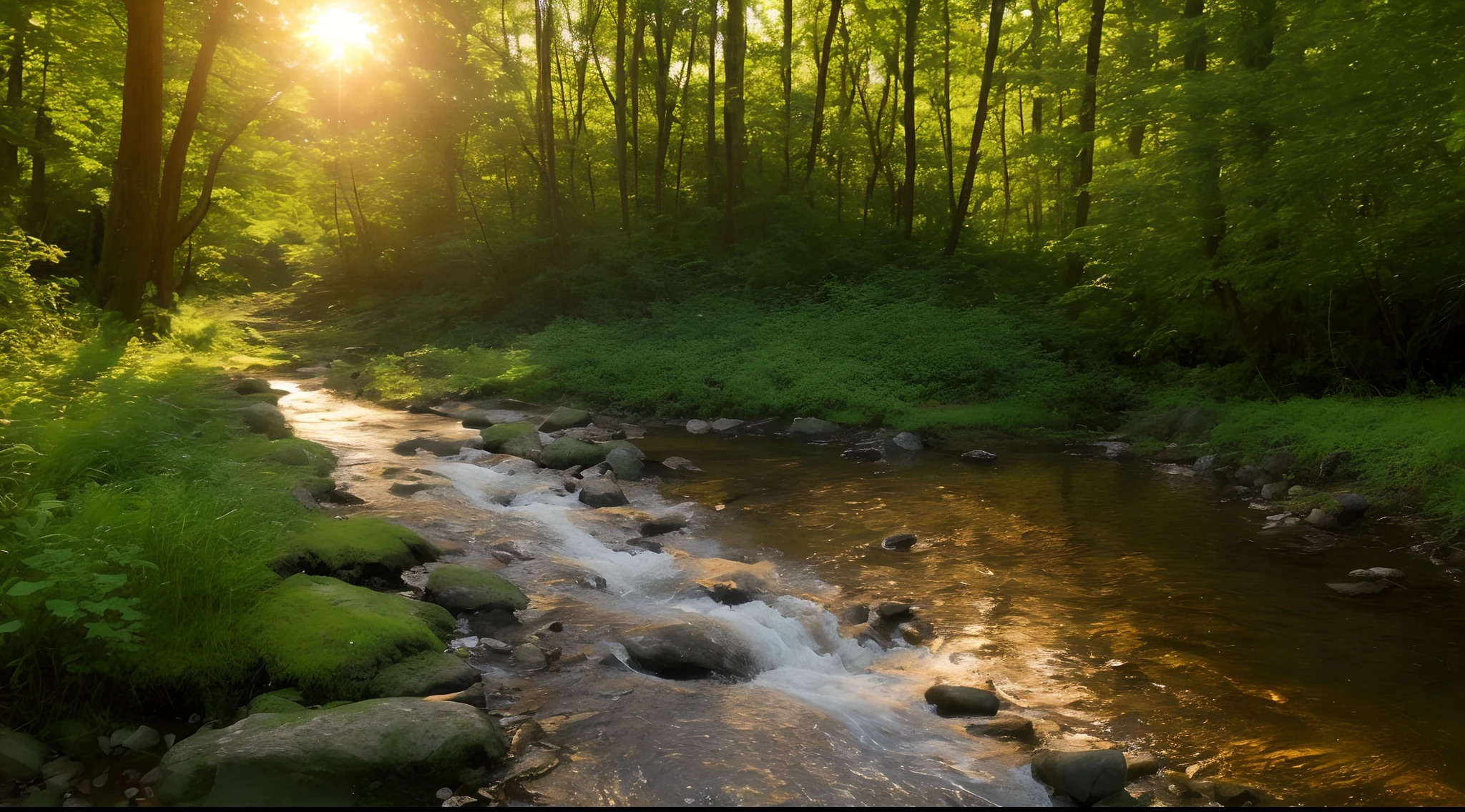 In the forest with a stream flowing、The setting sun is shining、The sunset reflects off the creek and the water is clean
