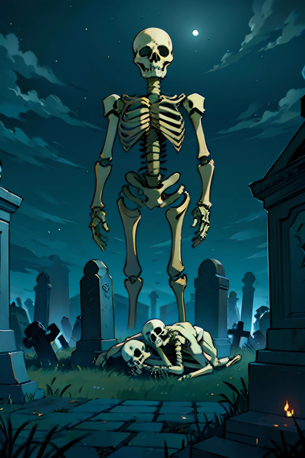 An abandoned skeleton, laying down horizontally on the ground in a heap, in front of a tombstone, background is graveyard, mood is death, futility, termination, dark cloudy skies, eerie night time light, character design.