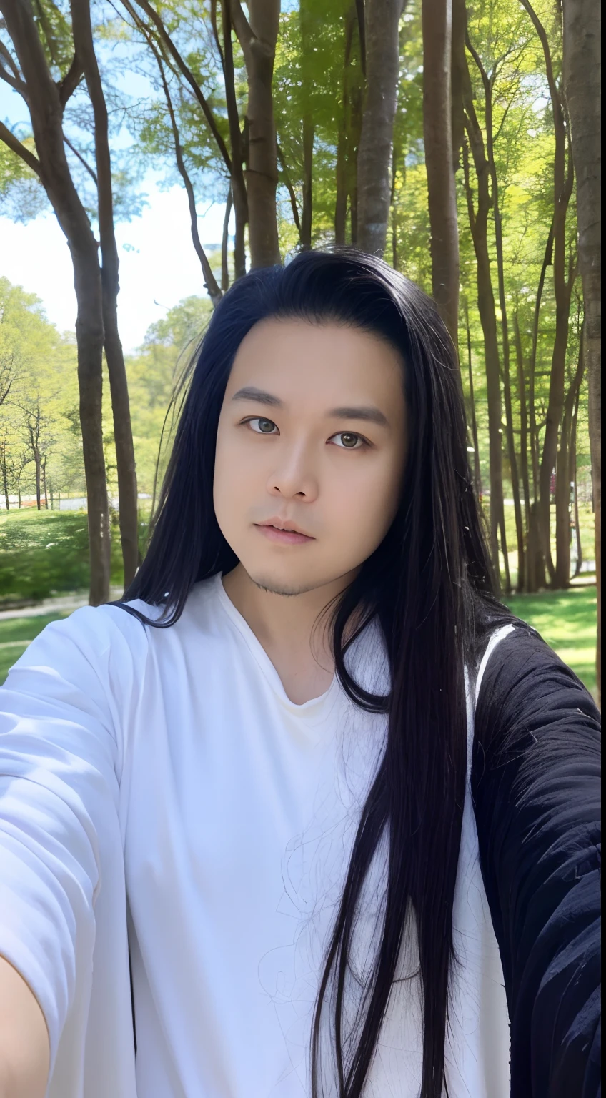 of a guy,long whitr hair,Black hair,Handsome,Deep eyes,full bodyesbian,Wear Hanfu,Black Hanfu,Black Buhan followed,Ancient wind,Contour light,The background is blurred out