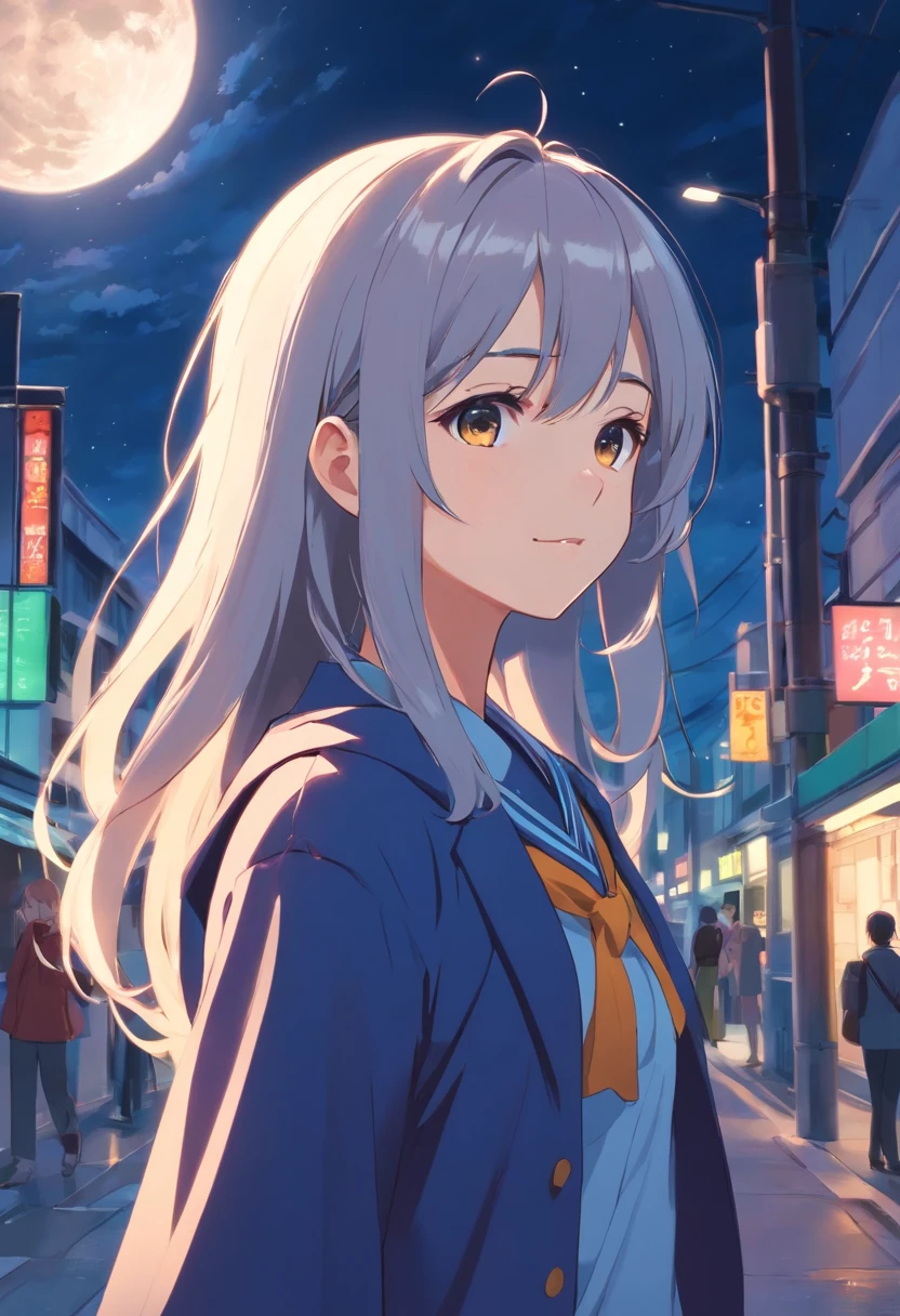 Long hair,the night,full moon,10 year old silver-haired girl,Student uniforms,A slight smil,Look at the lens