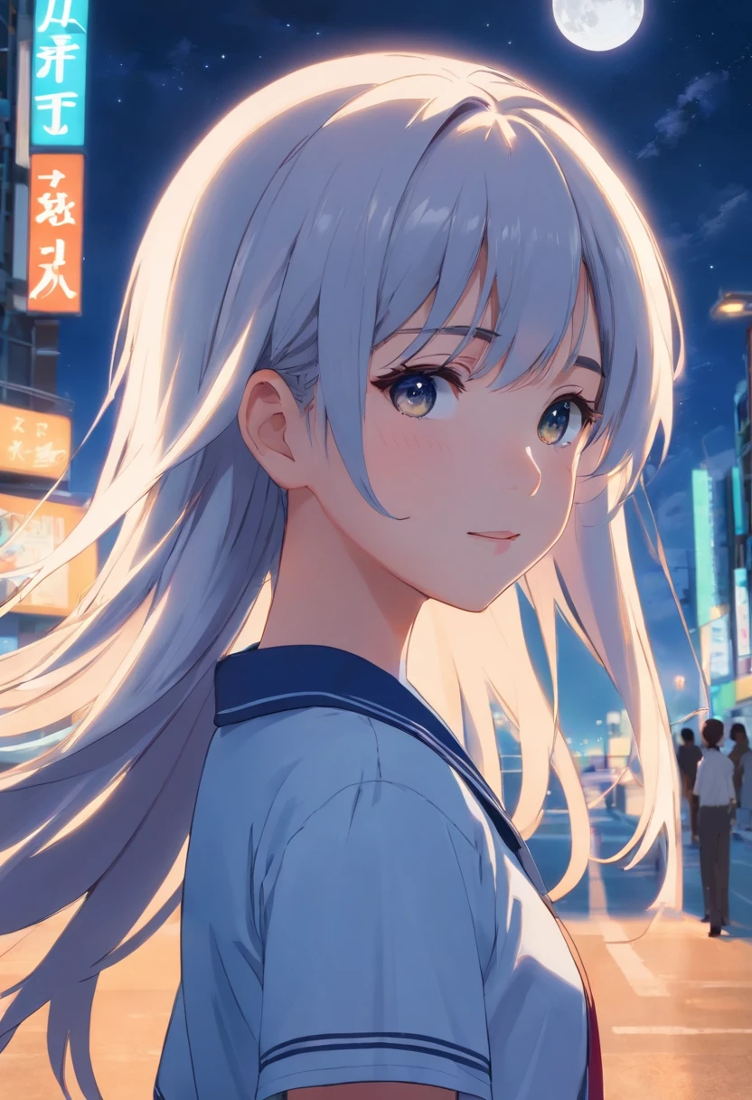 Long hair，the night，full moon，10 year old silver-haired girl，Student uniforms，A slight smil，Look at the lens
