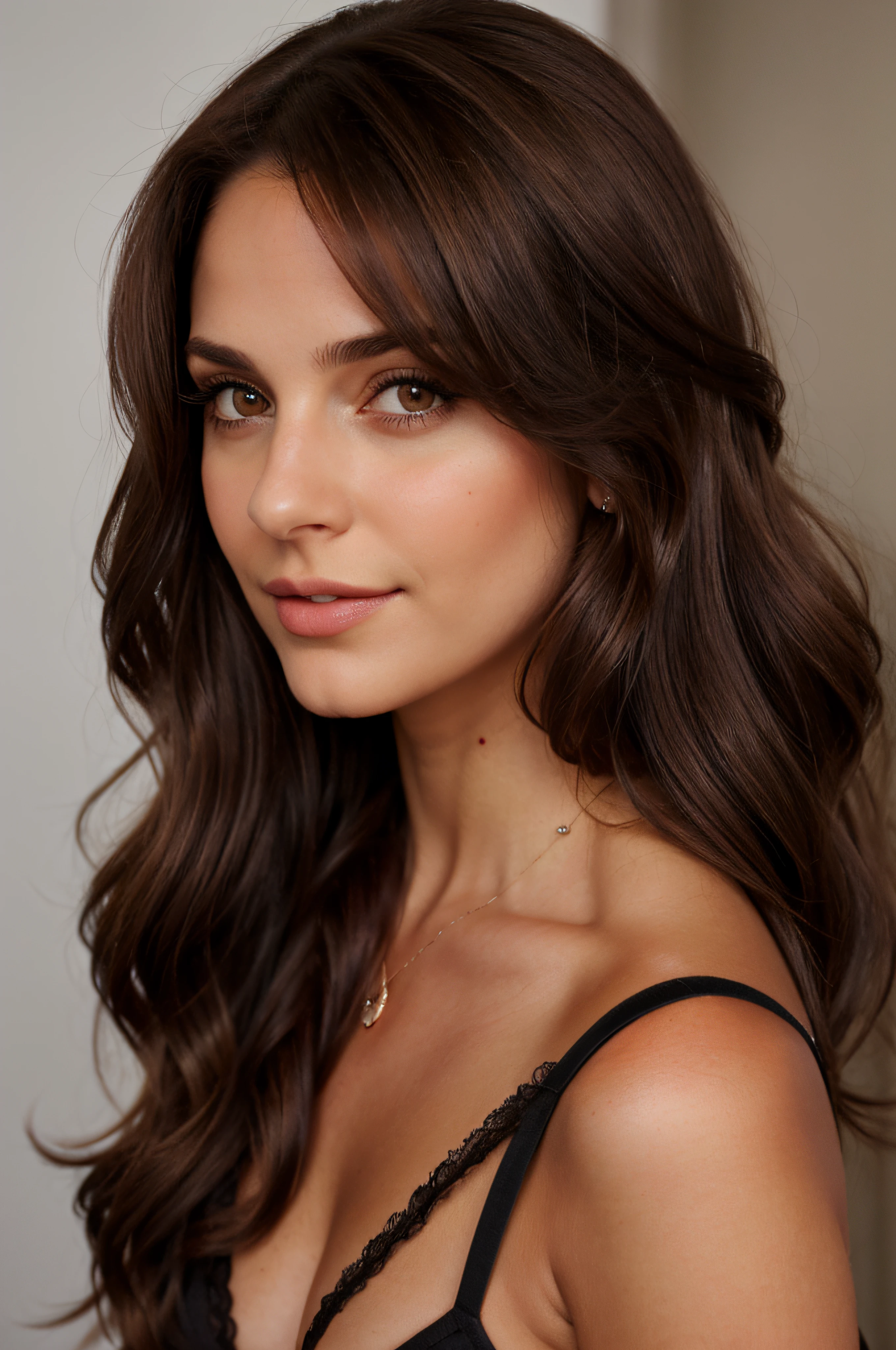 1mujer, (realista:1), brown hair, Cabello largo, ojos negros, feliz, cuerpo completo, en sujetador sexy color rojo