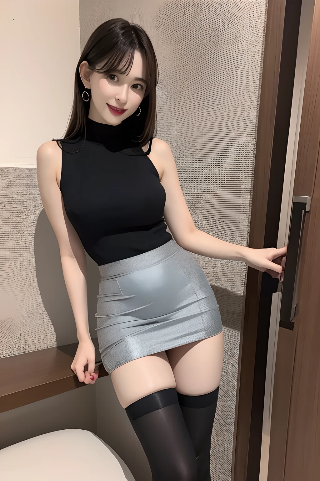 Shiny tight skirt、Turn up your skirt、Long body、A slender、Inside the city、adult woman、adult lady、skin-tight、raise her legs