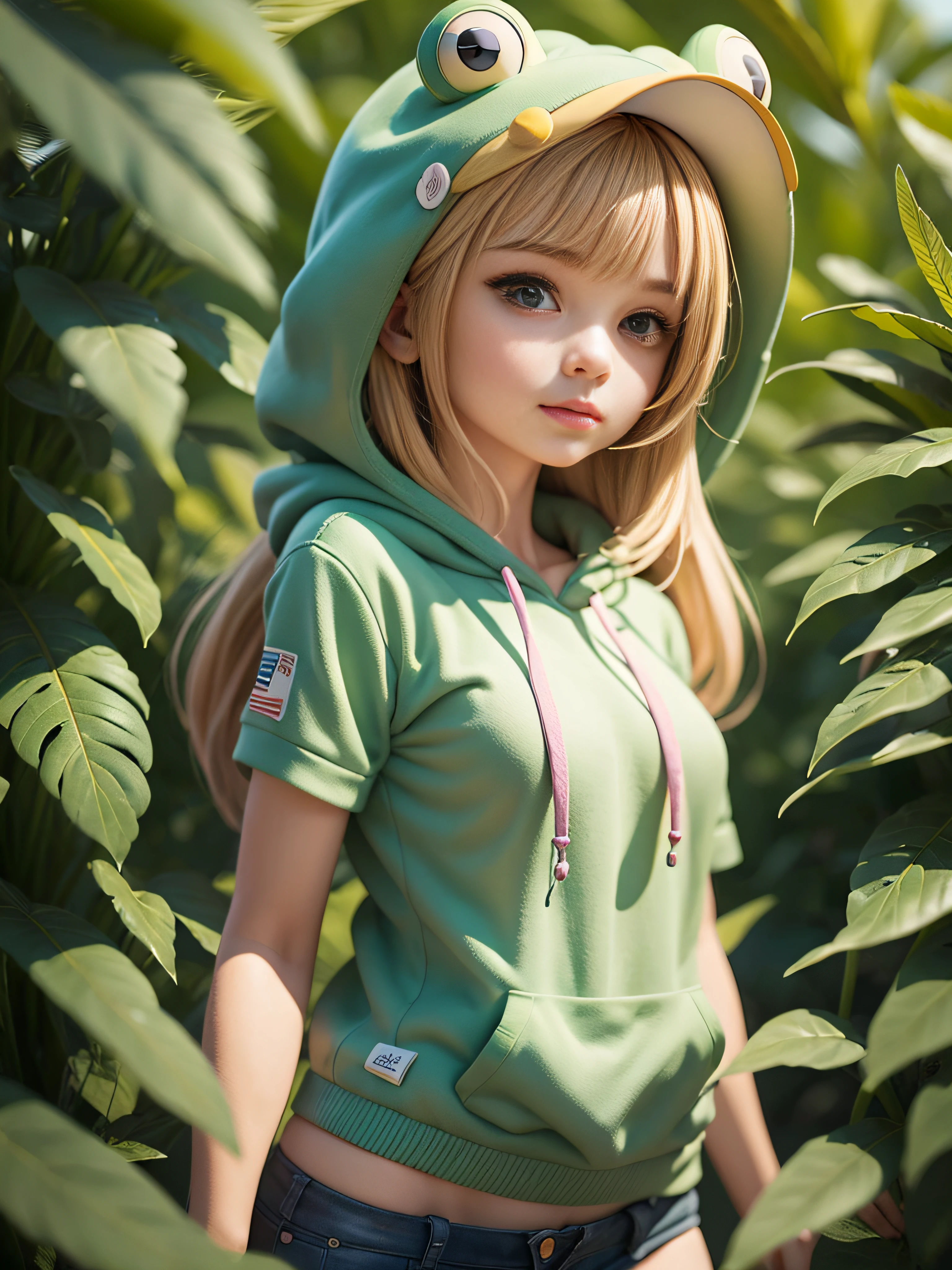 Create artwork featuring a girl wearing a hoodie resembling a tree frog. Imagine a girl in a charming and detailed frog-themed hoodie, Complete with frog eyes and unique patterns. Catch her in a whimsical outdoor environment, Perhaps in a lush forest, Surrounded by vibrant greenery and playful nature. Conveying the connection between the girl and the natural world, Where she blends in with the environment in a unique hoodie