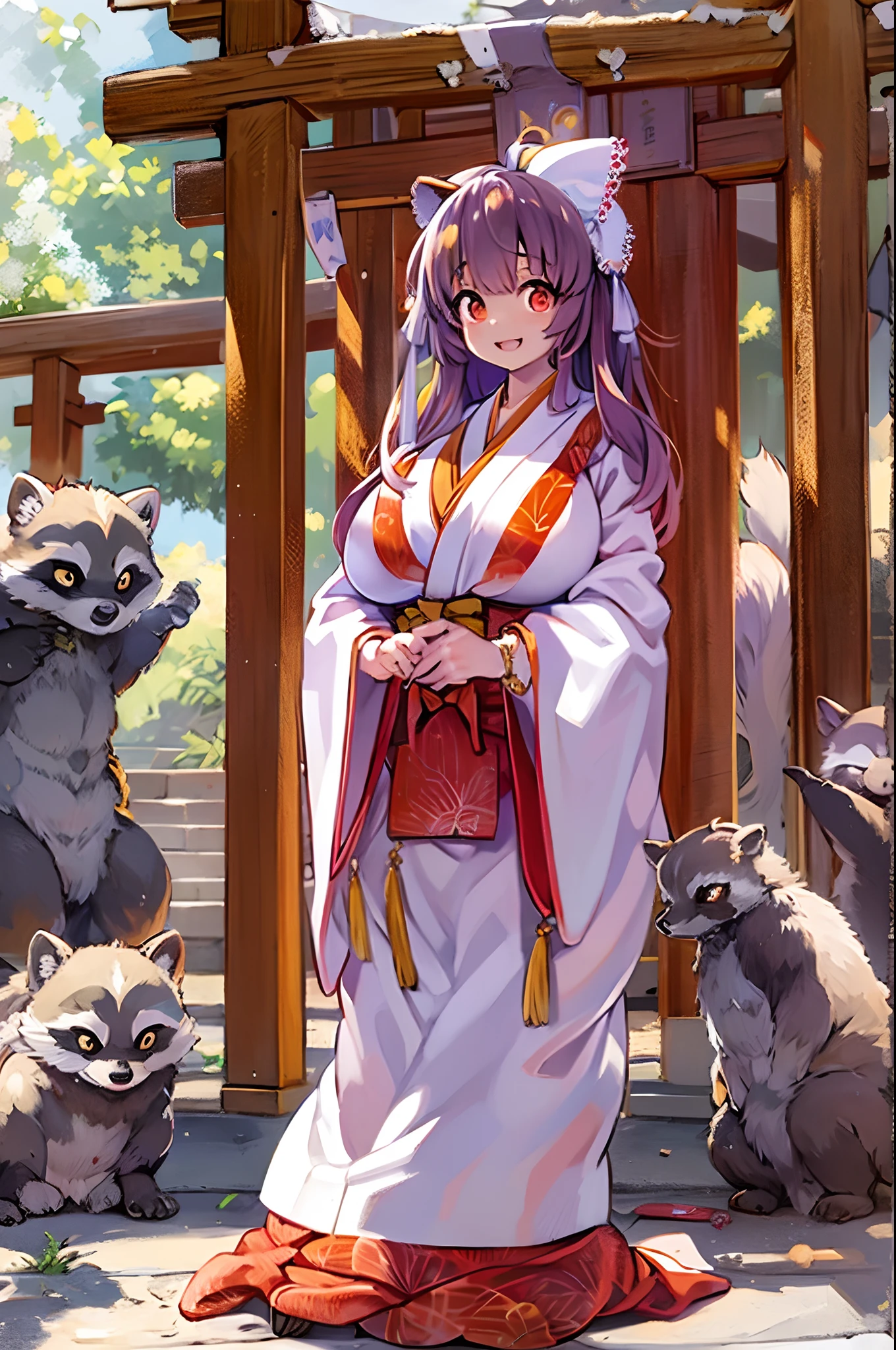 Raccoon Woman、body covered with fur、huge-breasted、kawaii、shrine maiden、Japan white clothes,Red Hakama、torii gate,summer day、From below、Wide Shot