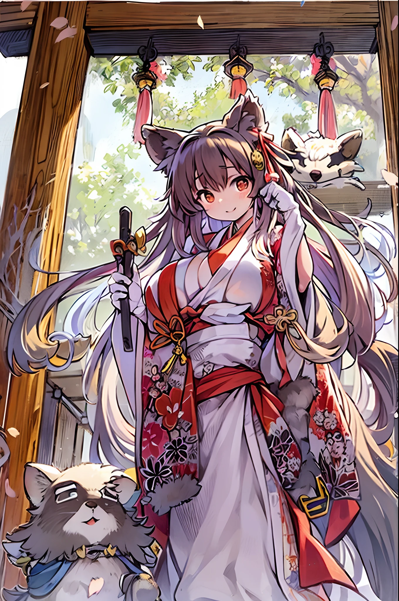 Raccoon Woman、body covered with fur、huge-breasted、kawaii、shrine maiden、Japan white clothes,Red Hakama、torii gate,summer day、From below、Wide Shot