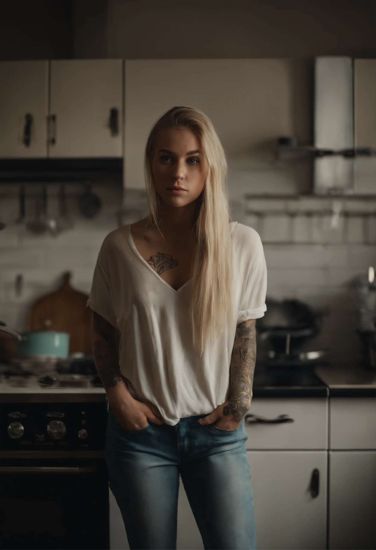 1girl, 18 years old, blond hair, from sweden, full body, close-up,  looking at viewer, standing, depth of field, tattoo, kitchen,