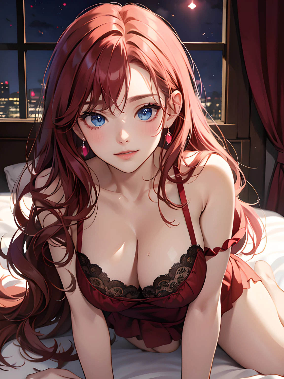 mature woman, large breasts, red long wavy hair, red night dress (lingerie), blue eyes, pink lips color, deduce smile, blush, naughty face, laying on bed, Surrealism, anime style, depth of field, 8k, super detail, high details, Cinematic lighting, night time, shadow over face, Close-up, camera from the bottom up, hyper HD, Masterpiece, High details,detailed light, detailed shadow, detailed background.
