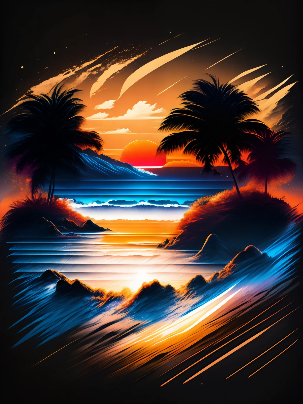 sunset at the beach，Pristine white sand，with black background，Epic composition，T-shirt design，rzminjourney，vectorial art