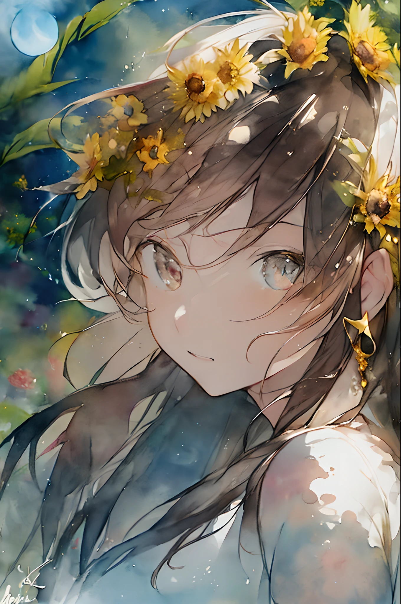 (aquarelle:1.2),1girl in, 独奏, florals, Sun flower,hitornfreckles, portraitures, fronds, bangss, signed, yellow flower, brown haired, length hair, verd s eyes, hair between eye, Flower earrings、natta、Moon Night