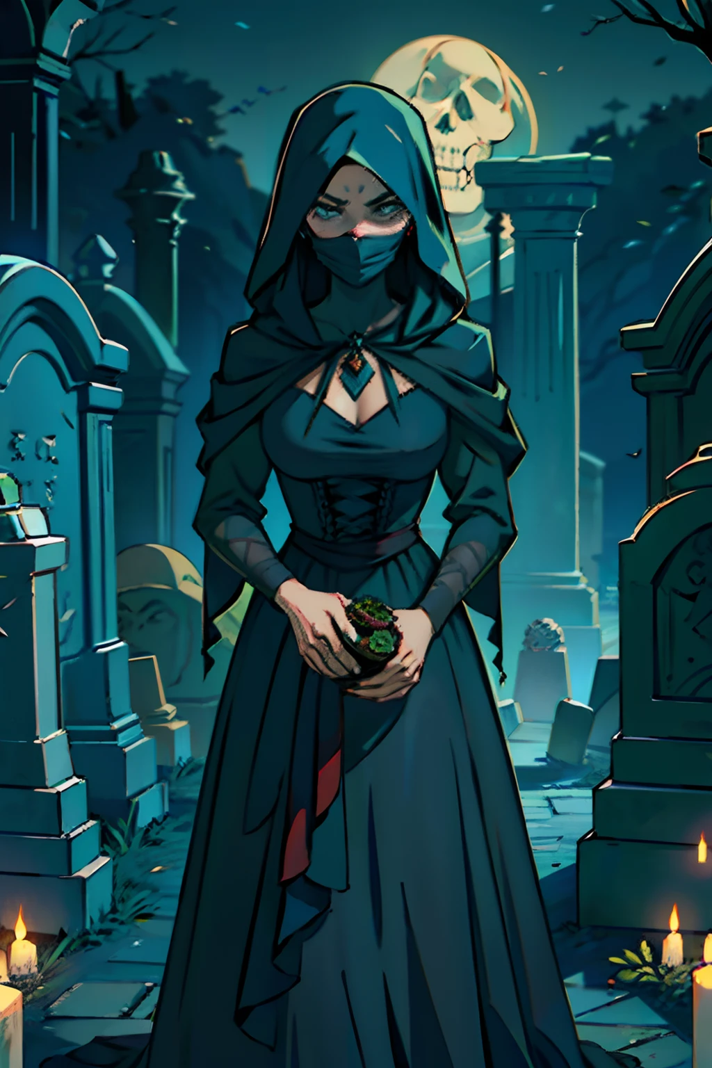 A widow dressed in black with a veil, holding an urn, next to a grave, head down, crying, background is, a dark and spooky graveyard, mood is empty, desolate, confusing, eerie light, character design.