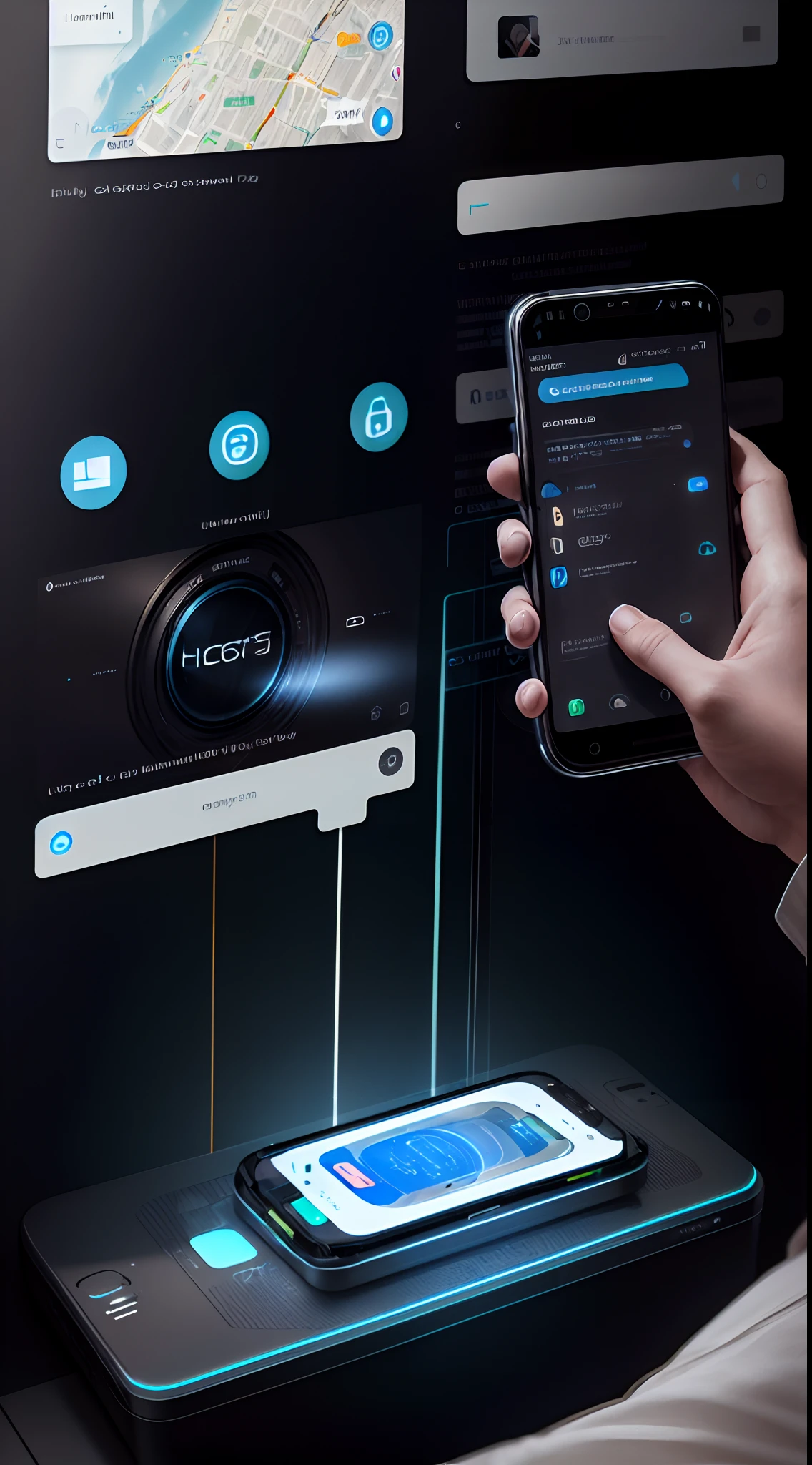 futuristic smartphone,advanced technology,highly detailed screen,sleek design,innovative interface,3D holographic display,intelligent virtual assistant,artificial intelligence integration,seamless user experience,voice recognition,facial recognition,gesture control,real-time translation,smart home integration,flexible display,transparent screen,ultra-thin bezels,long-lasting battery life,ultra-fast charging,5G connectivity,secure biometric authentication,privacy protection,interactive AR/VR capabilities,enhanced camera technology,high-resolution photography,professional-grade video recording,vibrant OLED colors,immersive gaming experience,high-quality audio output,wireless and fast data transfer,smart health monitoring,smart fashion accessories integration,customizable interface and settings,cloud storage integration,unlimited storage capacity,eco-friendly materials,eco-conscious manufacturing process,instant access to unlimited knowledge and information AI-powered productivity tools,seamless multitasking capabilities.