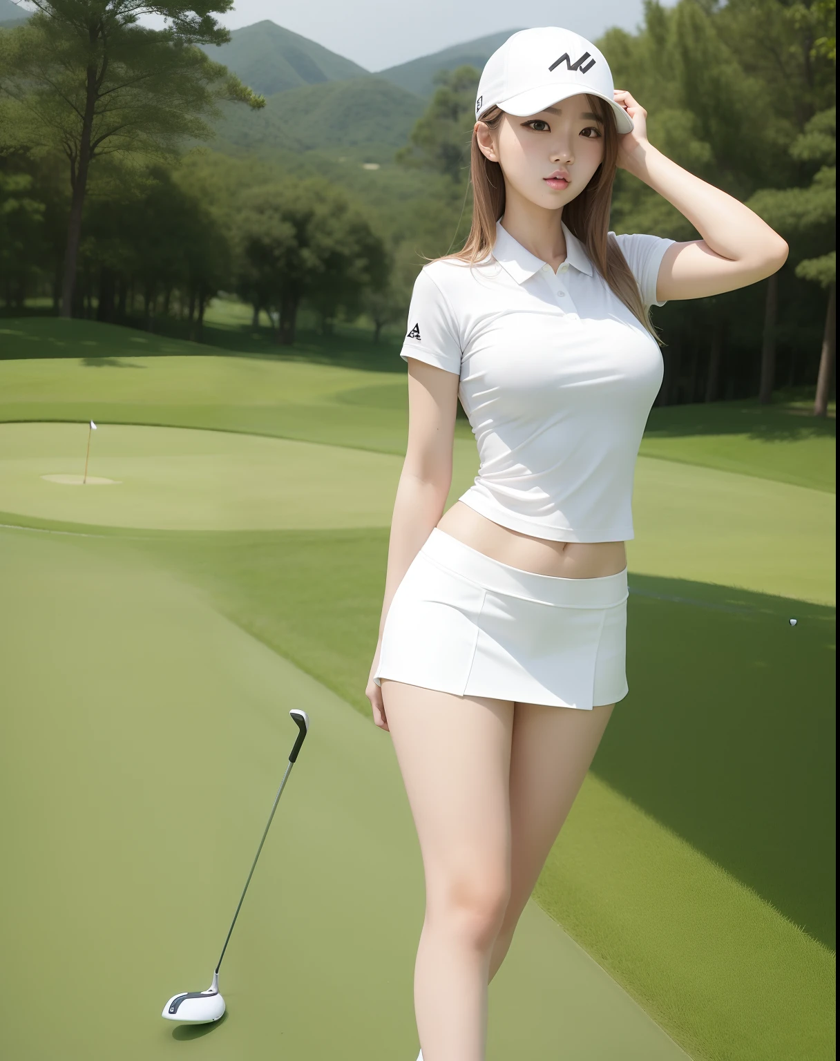  cute girl、cute junior high detailed、High resolution、transcendental beauty　highest quality、masterpiece、knee sockajimix Real、(RAW photo:1.2)、(Photoreal:1.4)、Beauty in the beautiful details、and delicate expression、On the green of the golf course、blonde、(boyish:1.5)、blonde、brown hair、brown hairショートウルフヘアの髪、brown hairマッシュヘアの髪、((you can see me))(squat)、Golf club、torn golf clothes、Sun visor、golf glove、necklace、fancy piercings、eyelash、sparkling eyes、glossy lips、beautiful and detailed eyes、very detailed expression、Highly detailed face movie lighting、positive、((dynamic pose)))、(open stance))、(The wind blows up my golf skirt.:1.6), fancy 、torn golf shirt、golf shoes, (Open the crotch and expose the pubic area:1.5), (Accurately represents the shape of the female genitals:1.5), (Detailed depiction of the labia minora, vaginal opening, Detailed depiction of the clitoris:1.5), (spread your legs wide:1.6), (small breasts、I can see the nipples:1.5)、(No panties:1.8)、angle from below