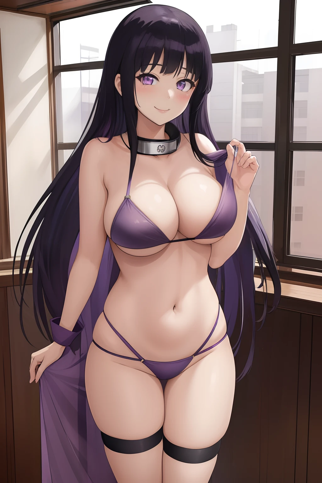 (((masterpiece))), HinataHyuga, smile, 1girl, solo, long hair, looking at viewer, large breasts, black hair, purple eyes, indoor, strip club, stripping, look at viewer, sexy, hot