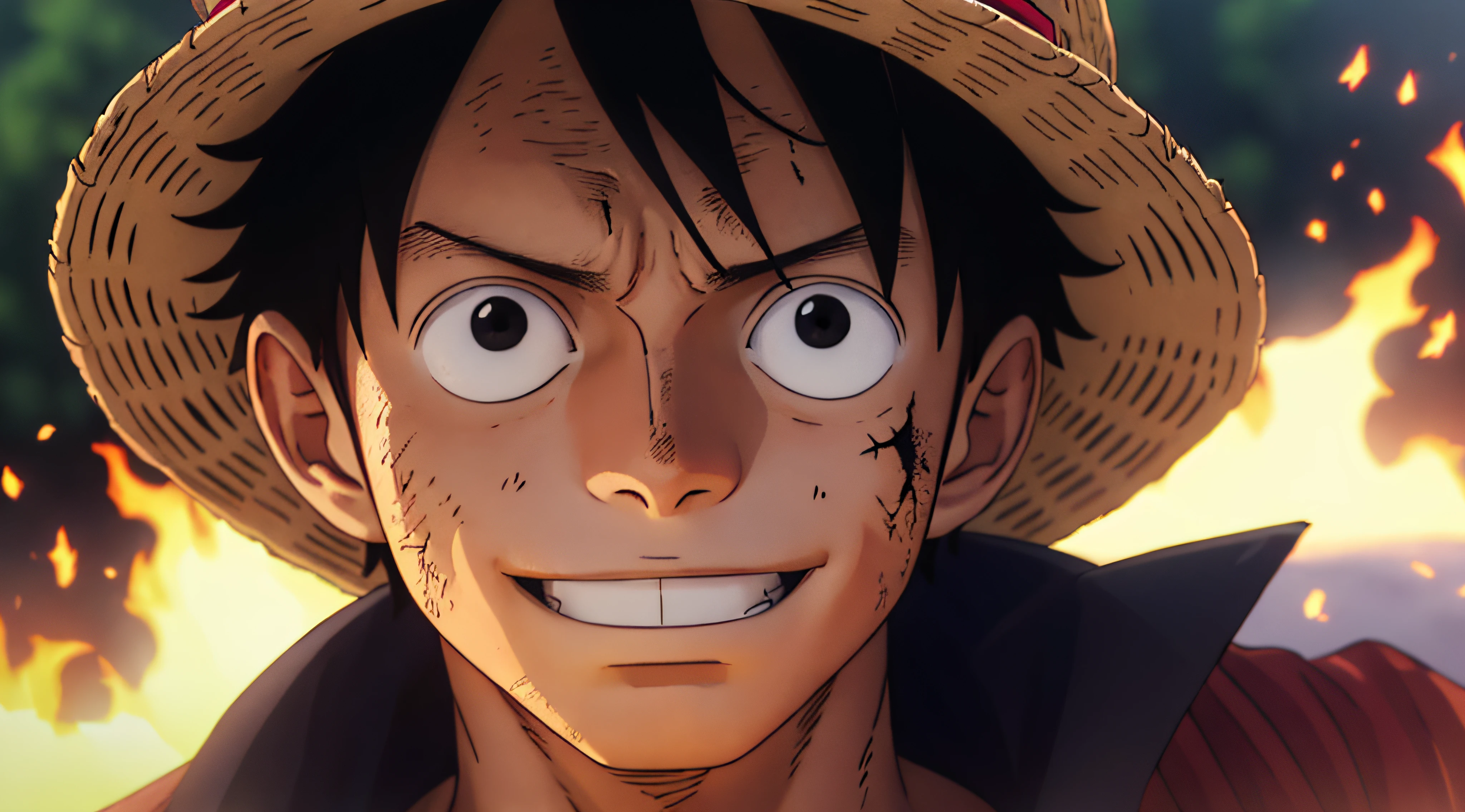 1boy, wanostyle, monkey d luffy, smiling, straw hat, looking at viewer, solo, upper body, ((masterpiece)), (best quality), (extremely detailed), depth of field, sketch, dark intense shadows, sharp focus, soft lighting, hdr, colorful, good composition, fire all around, spectacular, closed shirt, anime screencap, scar under eye, ready to fight, black eyes