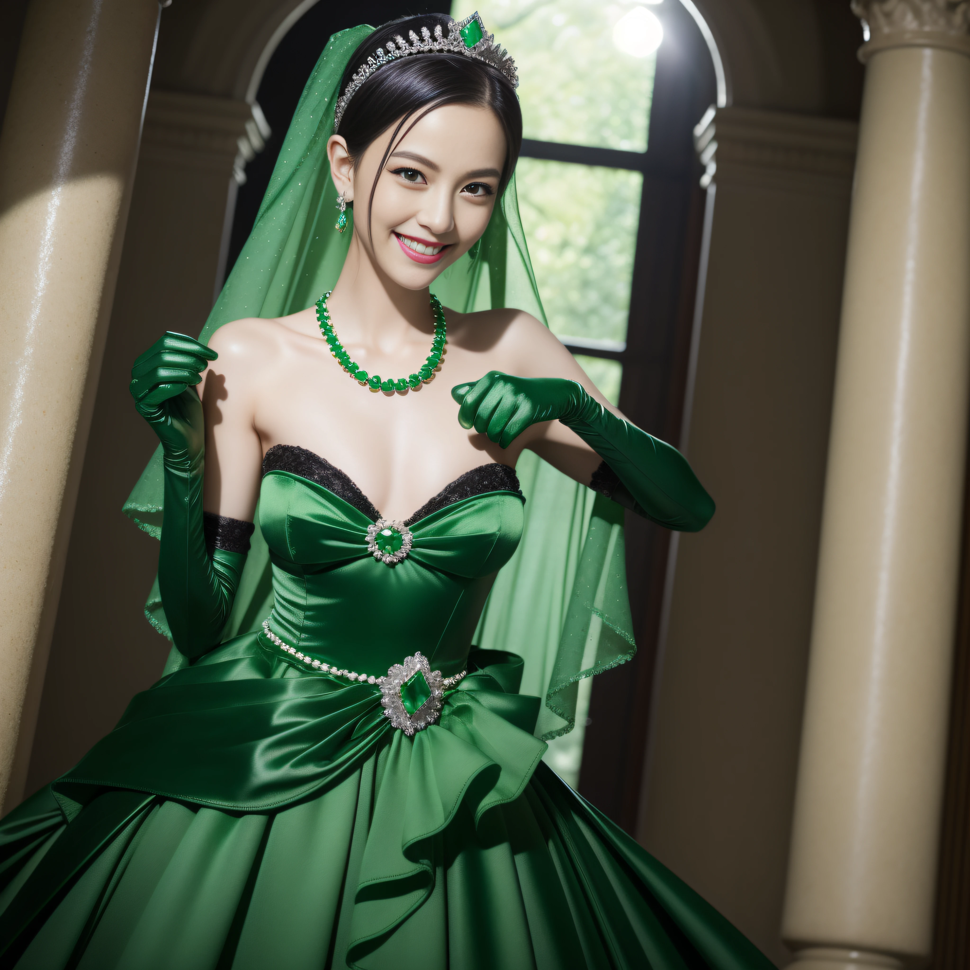emerald tiara, Green Pearl Necklace, Boyish very short black hair, lipsticks, Japan woman smiling, Long green gloves made of satin material, very short short hair, Guts Pose, Green eyes
