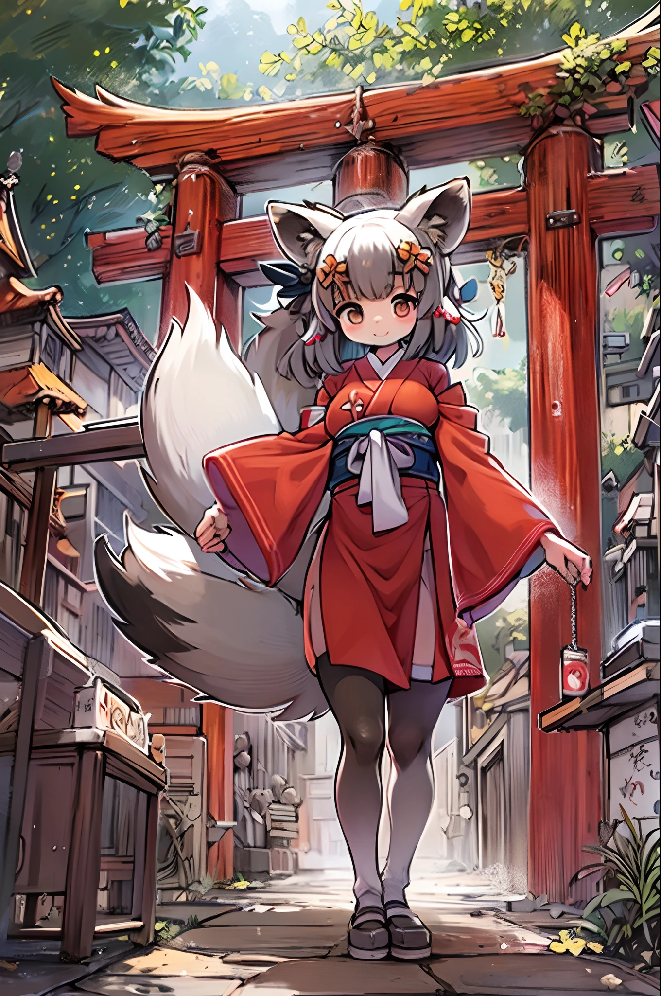 Raccoon Woman、body covered with fur、huge-breasted、kawaii、shrine maiden、Japan white clothes,Red Hakama、torii gate,summer day、From below、Wide Shot、(((Raccoons)))
