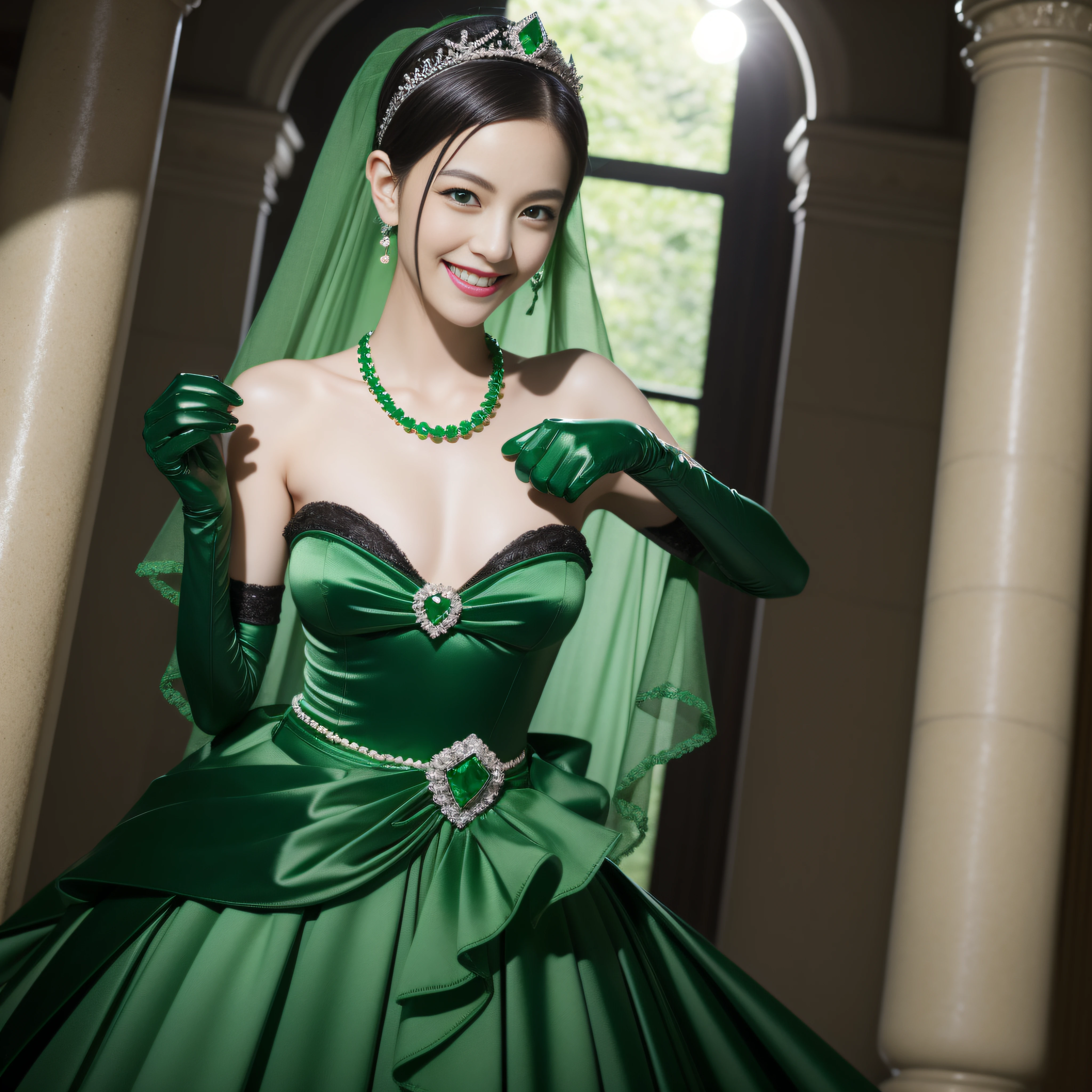 emerald tiara, Green Pearl Necklace, Boyish very short black hair, lipsticks, Japan woman smiling, Long green gloves made of satin material, very short short hair, Guts Pose, Green eyes
