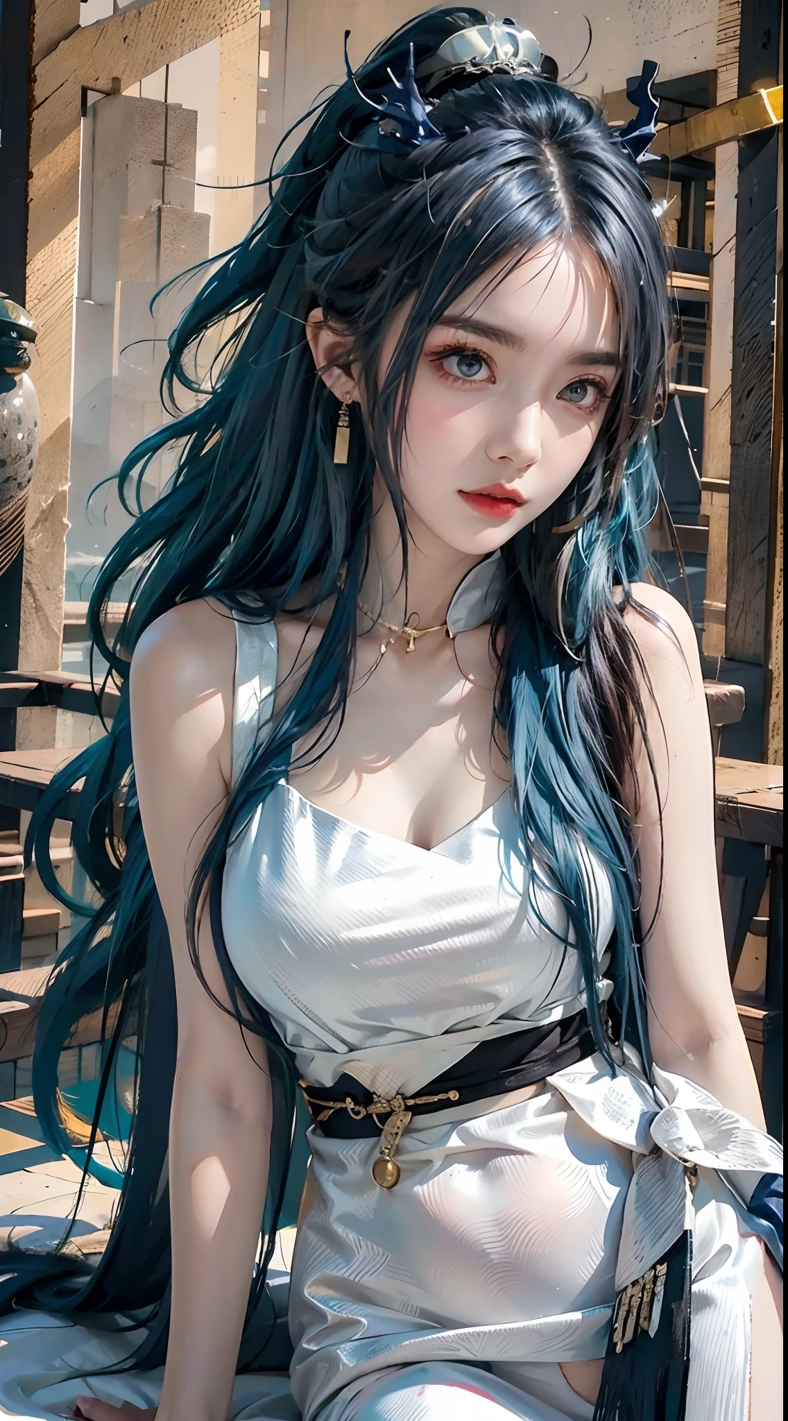 photorealistic, high resolution, 1women, mature female, solo, hips up, china dress, tail, white dress, jewelry, chinese clothes, sleeveless dress, sleeveless, bare shoulders, large breasts, earrings, official alternate costume, thighs, bangs, bracelet, very long hair, colored skin, bead bracelet, beads, signature, arm support, ponytail, tassel earrings, blue hair, braided hair