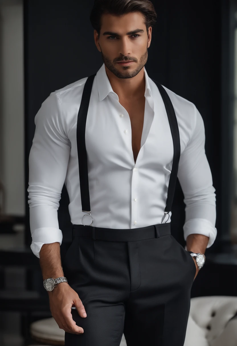 arafed man in a white shirt and black pants standing in a room, roupas sob medida, grey pants and black dress shoes, apelo masculino alta moda, Vestido Formal, Homem magro com pele negra, careca, Macho bonito, male proportions, bonito e elegante, black suit pants, modelo masculino, modelo posando, with a business suit on, bonito e atraente, close up, bedroom