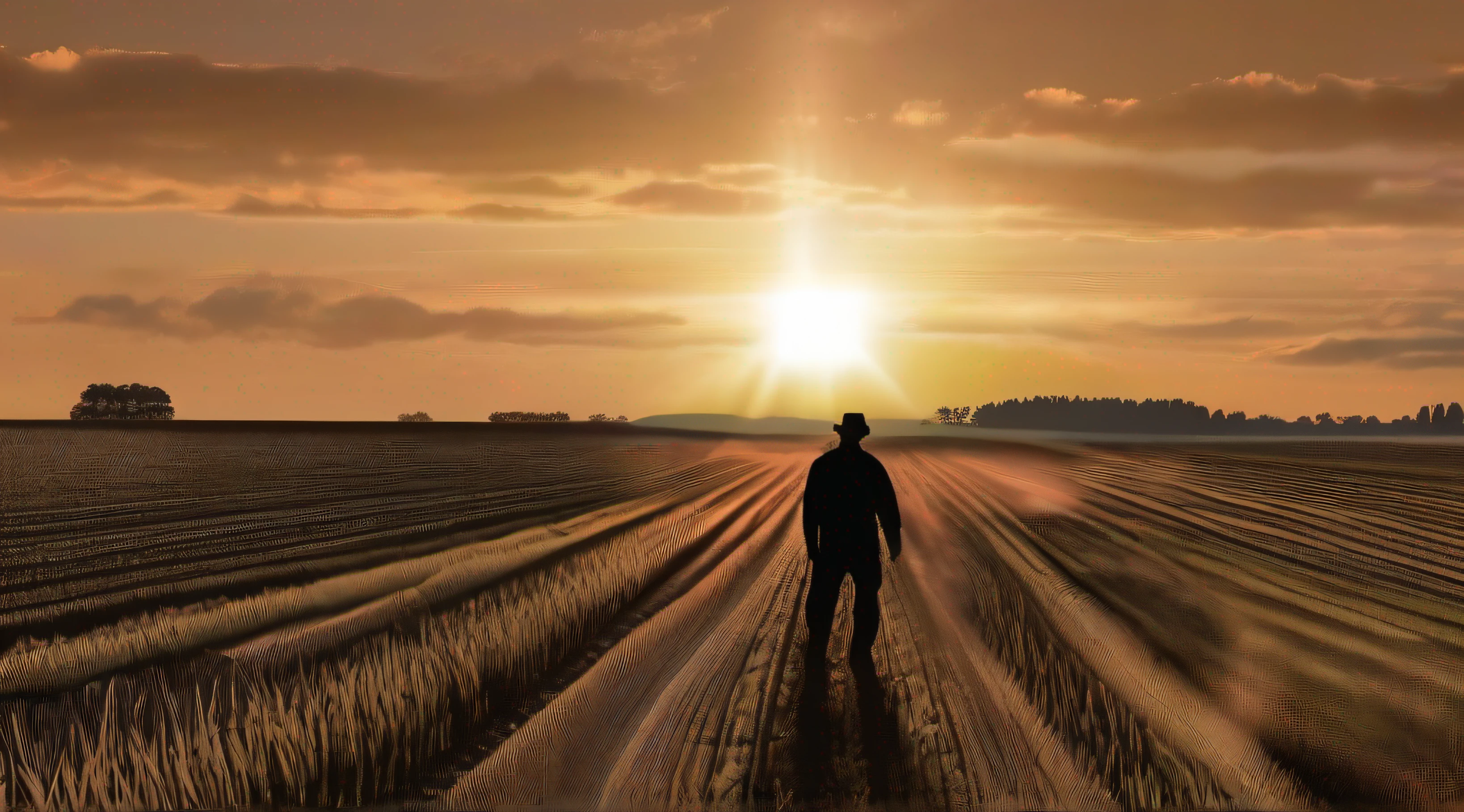 Silhouette of a man working in a field, With the sparkling sunset in the background, Capture from a distance, Vast farms and the sky dominate the frame, Clear contours of a lonely farmer, Warm golden hues, Dedicated labor, Breathtaking sunset, Falling Sun, Colorful sky, Dramatic shadows, Vast farm, Fertile land, Rural beauty, Diligent farmer, artistic interpretation, 8K, masutepiece, Photorealism