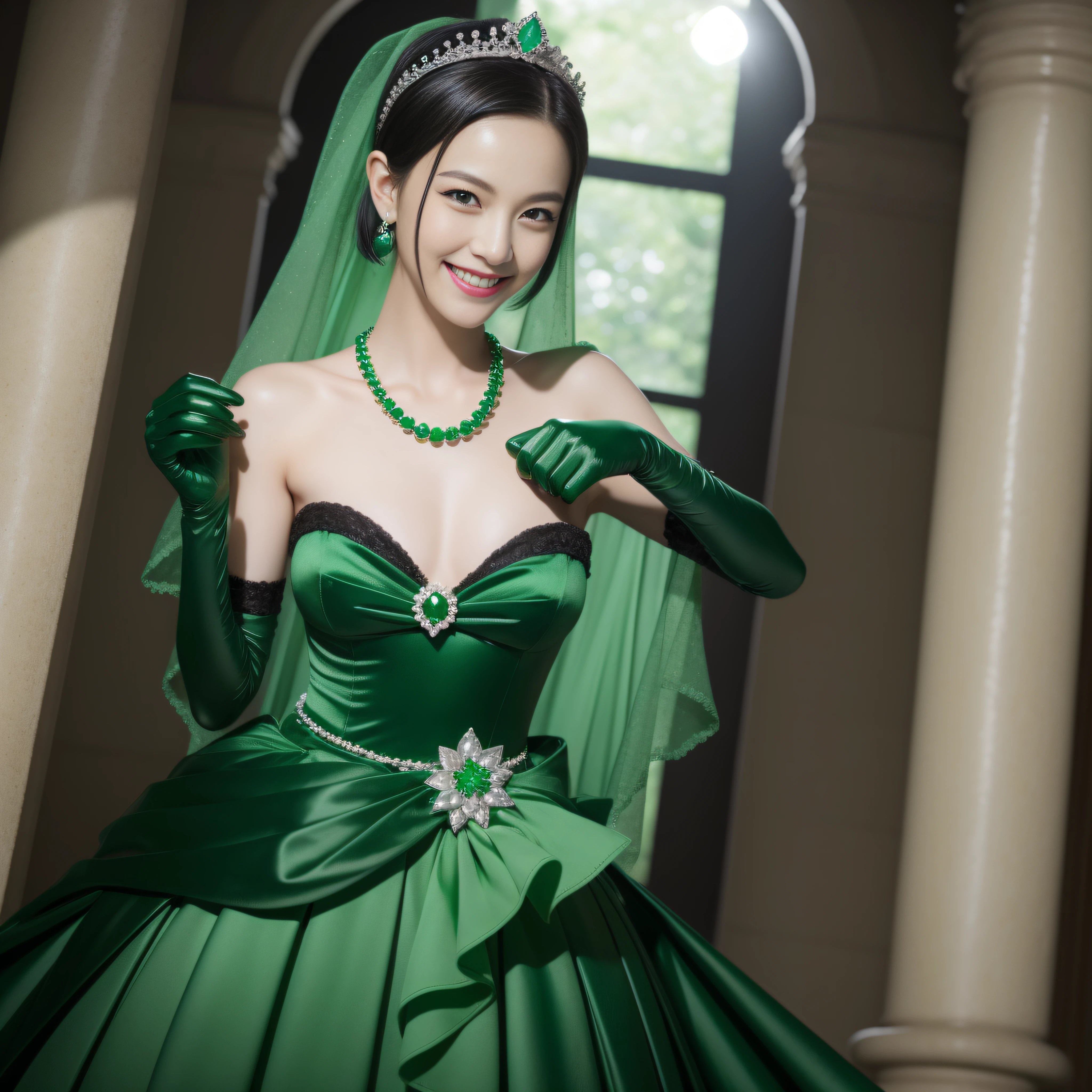 emerald tiara, Green Pearl Necklace, Boyish very short black hair, lipsticks, Japan woman smiling, Long green gloves made of satin material, very short short hair, Guts Pose, Green in both eyes