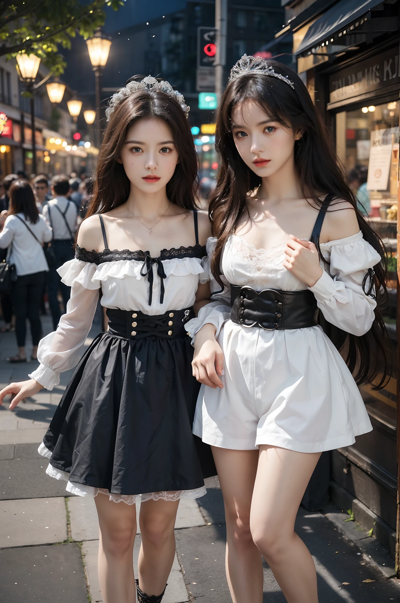 primitive,, (((Two girls,duo,caressing the))),Nikon Z 85mm, award-winning glamorous photography,((Best quality)), ((Masterpiece)), ((Realistic)), 18th century, Vintage image, Beautiful French woman wears, Lace dress, Wearing a crown, 25 years, (Long brown hair), Brown eyes, (Large breasts),(Alebriès Art Style), sitting outside a café in Paris, Dream castle in the background, small, ((Small breasts)), Innocent, Flower pedal in the air,  ((freckle)), Intricate details, Highly detailed, Sharp focus, professional, 4K, spring flowers blooming, divine rays, Hand model, stunning blue eyes, small, Delicate, Innocent, high resolution, Detailed facial features, High detail, Sharp focus, smooth, Aesthetic, Extremely detailed, photore_\(Supergianthugebreasts\), Photorealistic, Realistic, Post-processing, Maximum detail, Roughness, Real life, Ultra photo realsisim, Photorealism, Photography, 8K  UHD, Photography, light SEMI-SILHOUETTE, russian face