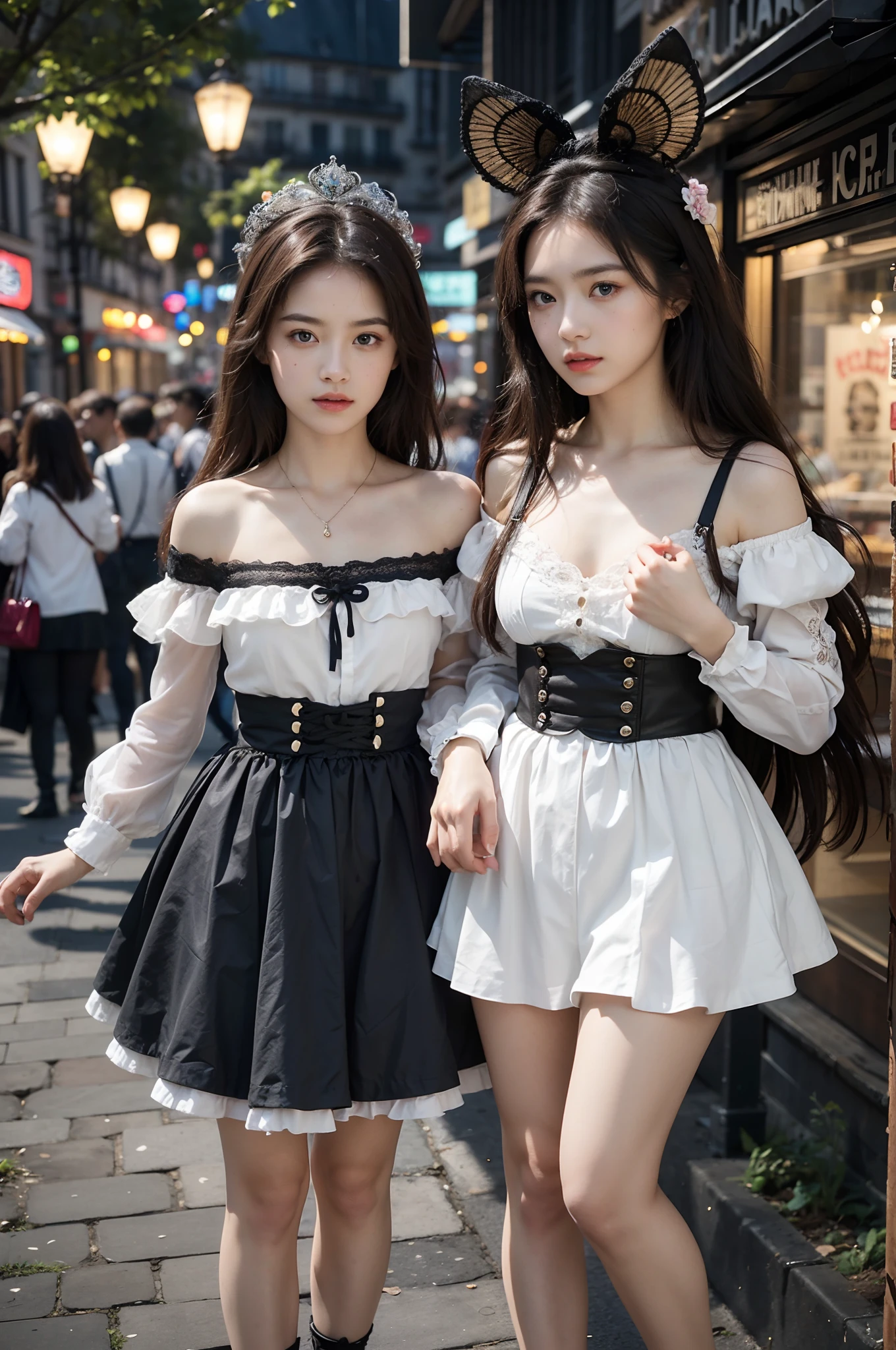 primitive,, (((Two girls,duo,caressing the))),Nikon Z 85mm, award-winning glamorous photography,((Best quality)), ((Masterpiece)), ((Realistic)), 18th century, Vintage image, Beautiful French woman wears, Lace dress, Wearing a crown, 25 years, (Long brown hair), Brown eyes, (Large breasts),(Alebriès Art Style), sitting outside a café in Paris, Dream castle in the background, small, ((Small breasts)), Innocent, Flower pedal in the air,  ((freckle)), Intricate details, Highly detailed, Sharp focus, professional, 4K, spring flowers blooming, divine rays, Hand model, stunning blue eyes, small, Delicate, Innocent, high resolution, Detailed facial features, High detail, Sharp focus, smooth, Aesthetic, Extremely detailed, photore_\(Supergianthugebreasts\), Photorealistic, Realistic, Post-processing, Maximum detail, Roughness, Real life, Ultra photo realsisim, Photorealism, Photography, 8K  UHD, Photography, light SEMI-SILHOUETTE, russian face